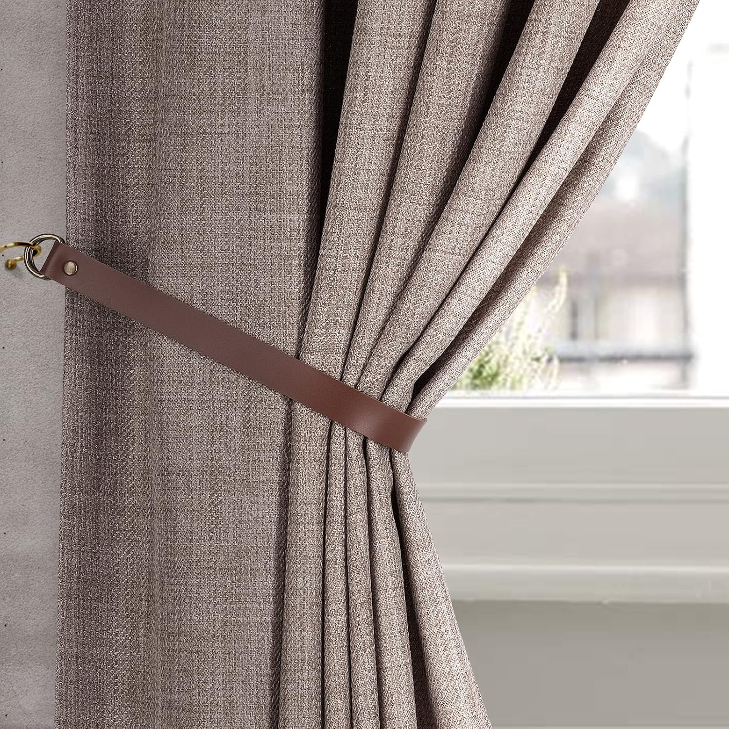 Home Queen PU Leather Window Treatment Tiebacks and Cotton Braid Drape Tieback Set of 8, Chocolate and Off White