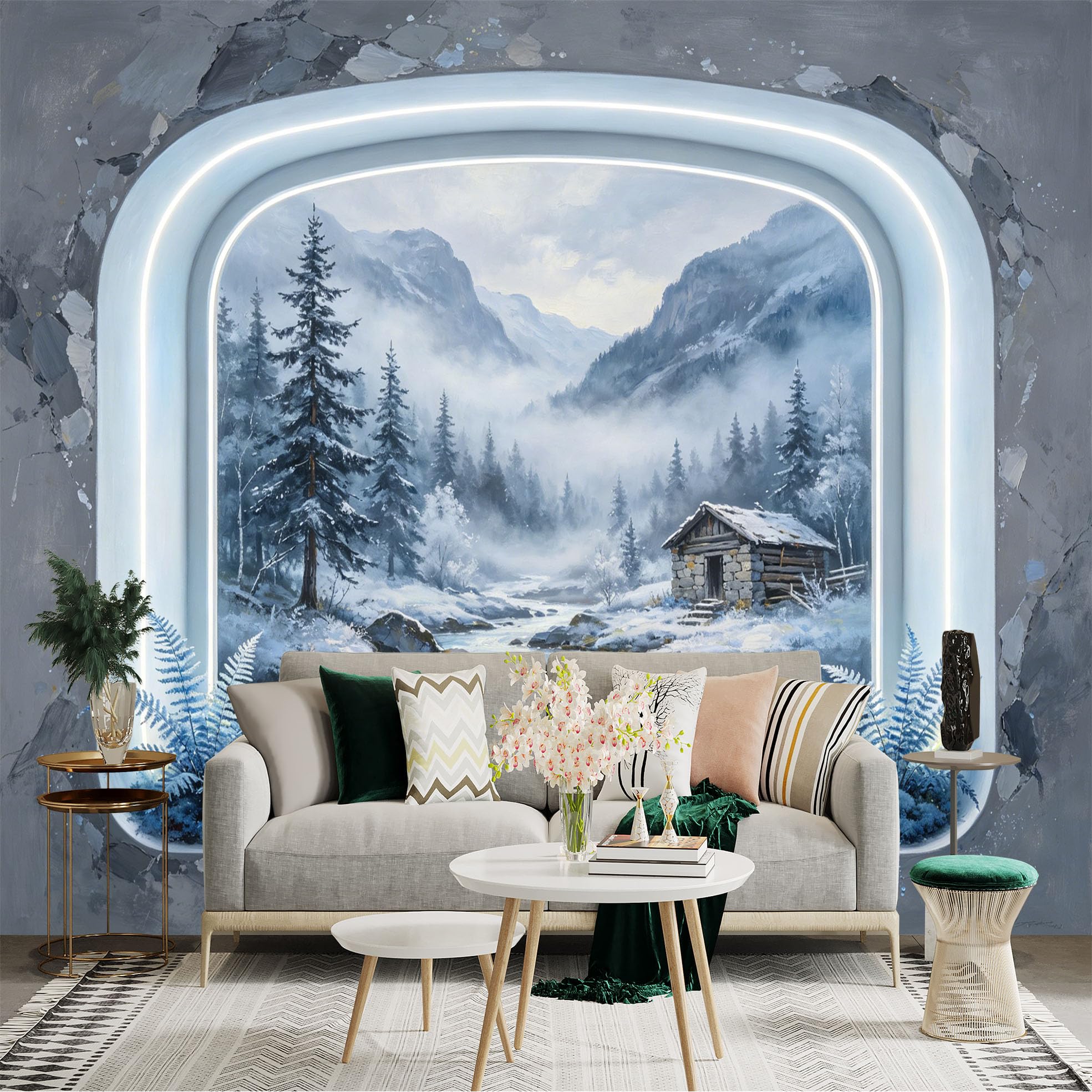 Custom Size Wall Sticker Mural， Winter Mountain Cabin with River， Snowy Forest and Misty Landscape， for wall Decoration， peelandstick wall Decals.
