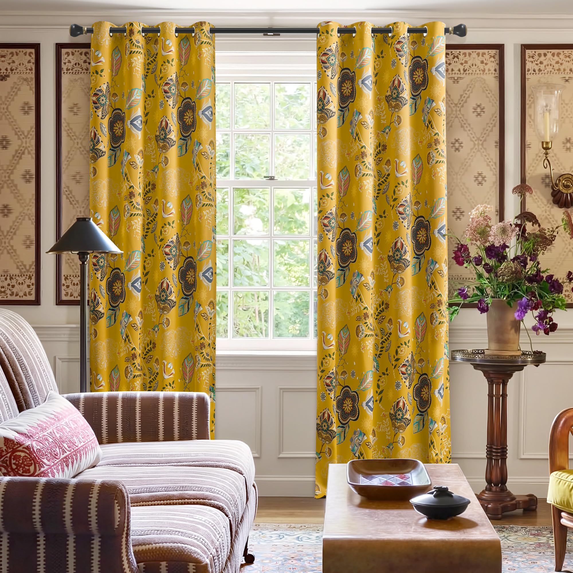 XiDi Rideaux Occultants Imprimés,Rideaux de Chambre à Fleurs Jaunes Vintage, Style Œillets, Adaptés Aux Chambres et Aux Salons, 132x214 CM 2 Panneaux