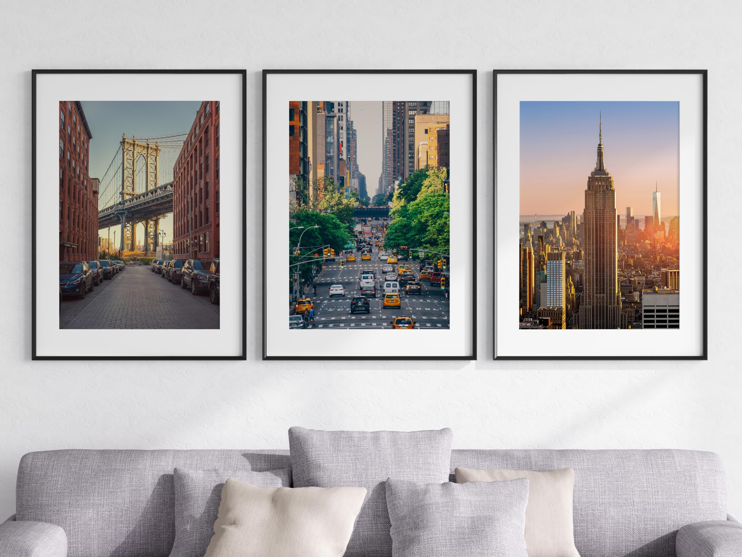 Eviepops Prints New York Landscape Set of 3 Unframed Poster Prints, Photographic City Wall Art, Home Décor, Manhattan Bridge, Yellow Taxis, Empire State Building, Urban Jungle (A4)