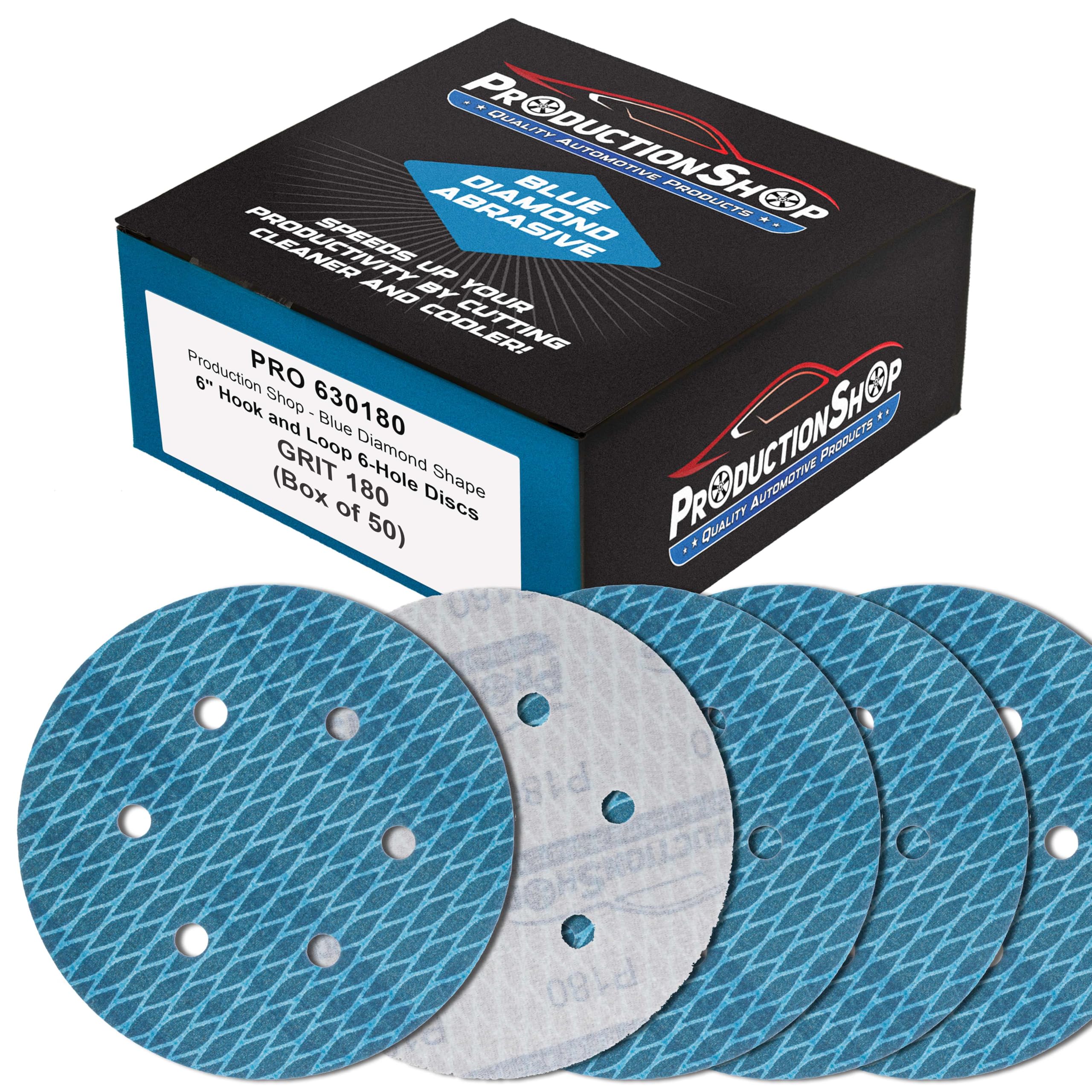ProductionShop Premium 180 Grit 6" Rhombus Diamond Shape Blue Sanding Discs, 6-Hole, Box of 50 - Hook & Loop Anti-Clogging J-Cloth Dustless Sandpaper