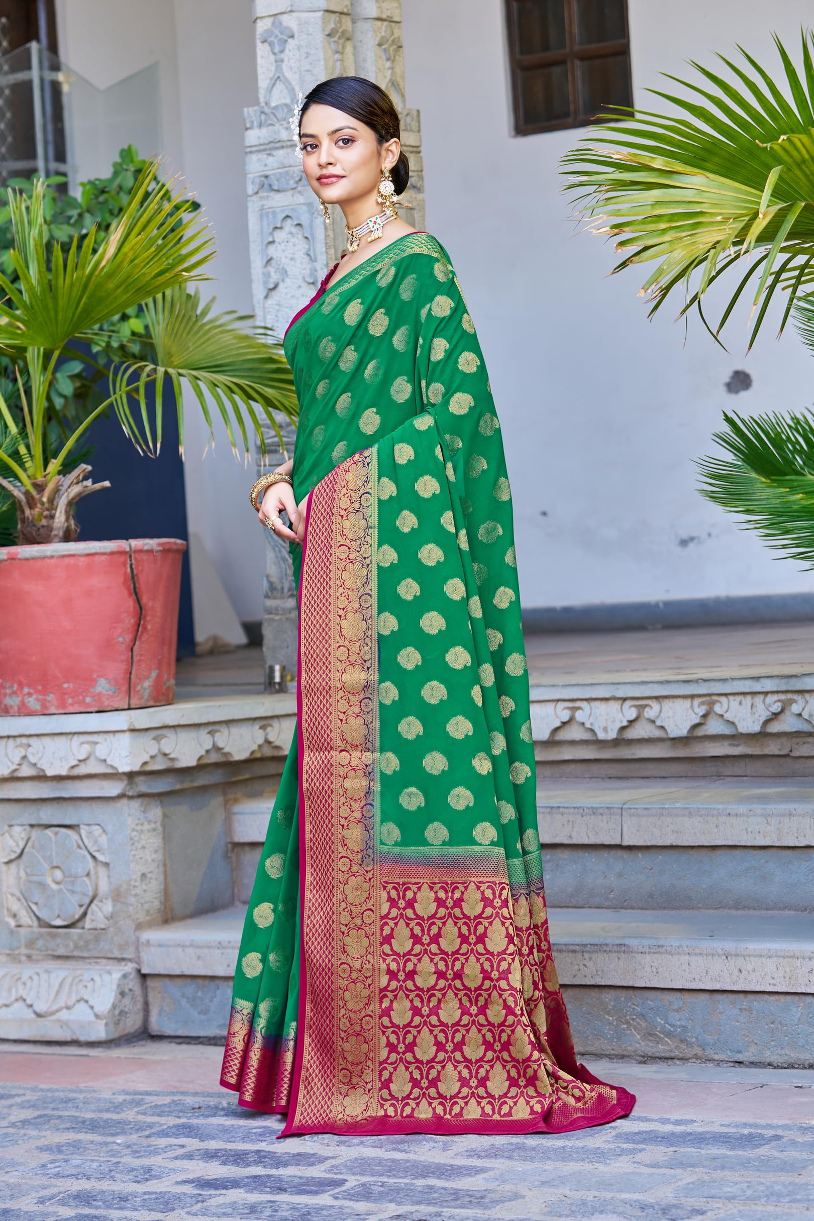 Glory Sarees Ręcznie barwione jedwabne sari z żorżety dla kobiet z kawałkiem bluzki (Heritage_Silk107_Parent)