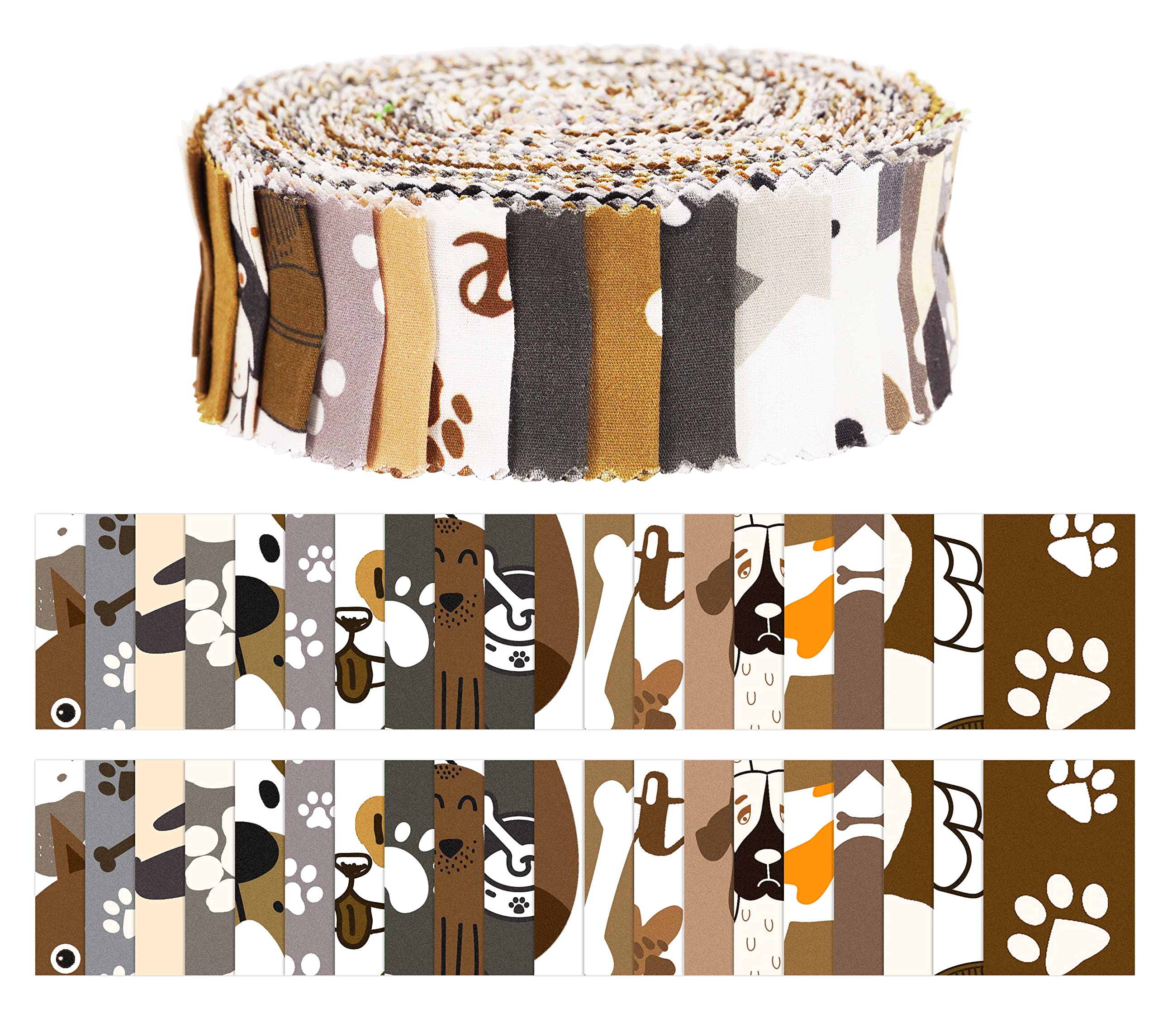 Soimoi 40Pcs Dog Print Precut Fabrics Strips Roll Up 1.5x42 Inches Cotton Jelly Rolls for Quilting - Brown-image-29
