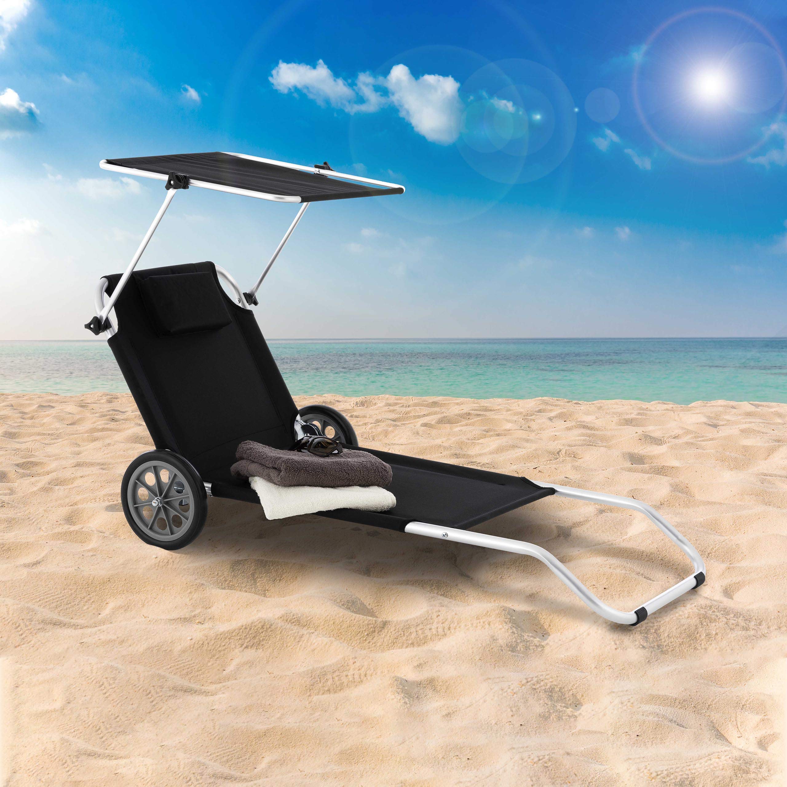 Nexos Trading Gartenliege Sonnenliege Liegestuhl Klappliege Räder und Sonnendach klappbare Liege aus Alu und Polyester Bespannung schwarz Trolleyfunktion