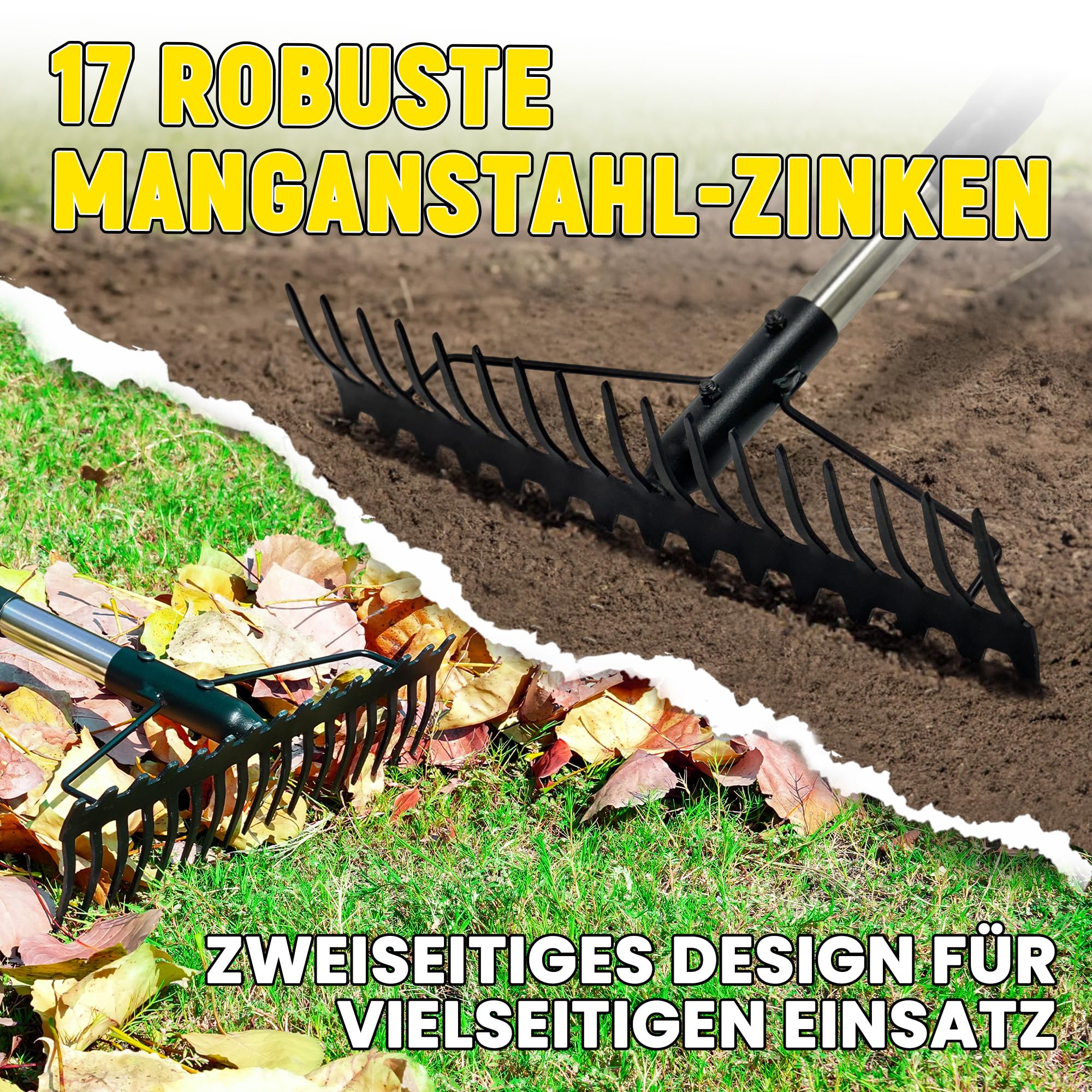 Gartenrechen, 1,7m Metallrechen mit 17 Stahlzinken, Harke mit Edelstahlgriff zum Lockern von Boden und Nivellieren von Rasen, Laubbesen, Rasenrechen, Heurechen für Rasen und Blätter