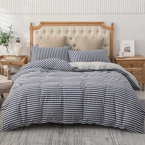 Miniatura 7 de PURE ERA Juego de funda de edredón de punto de jersey, 100% algodón de camiseta jaspeado, súper suave, cómodo, diseño clásico a rayas, con cierre de