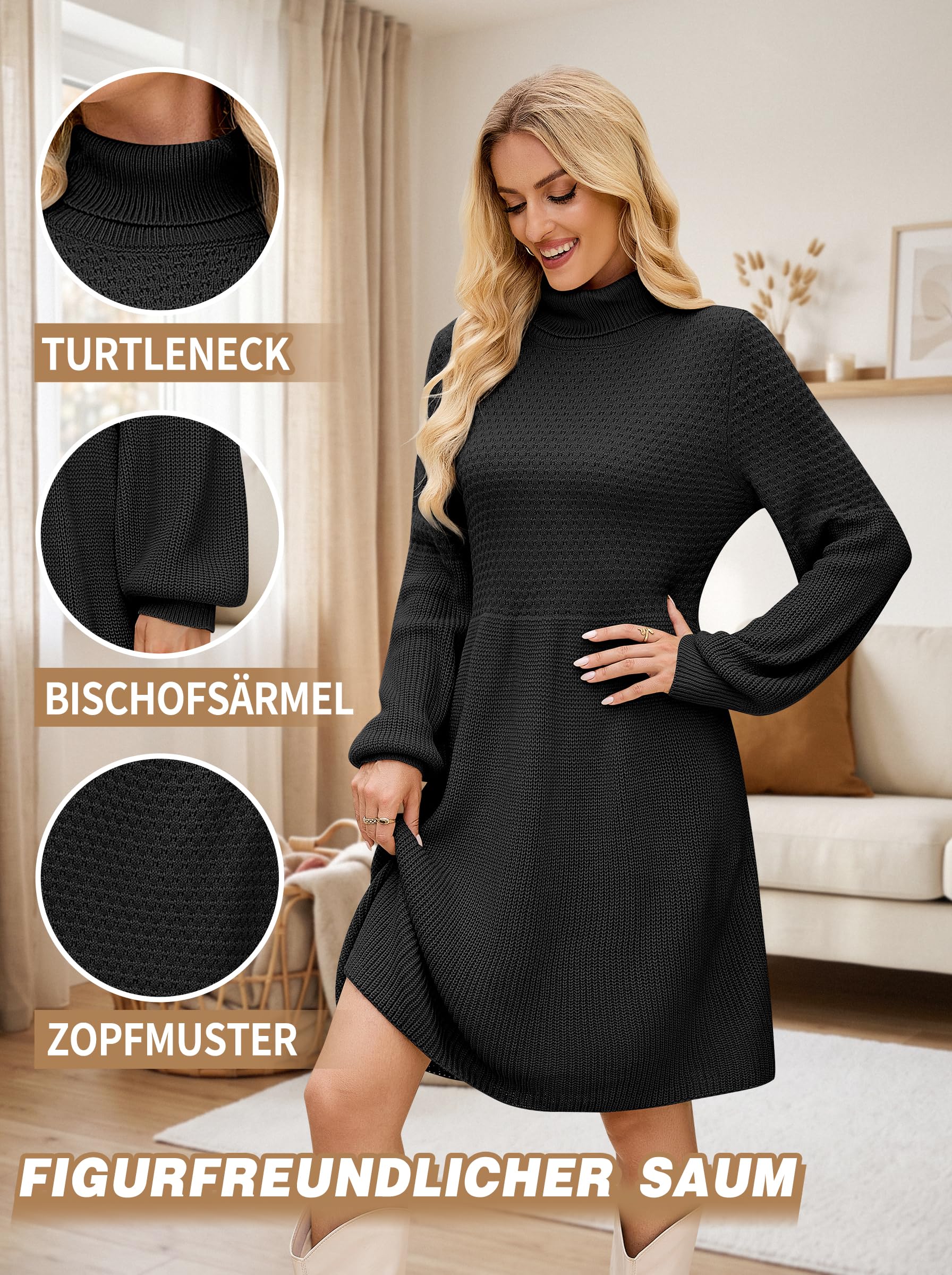 Strickkleid Damen Rollkragen Oversized Langarm Winter Elegant