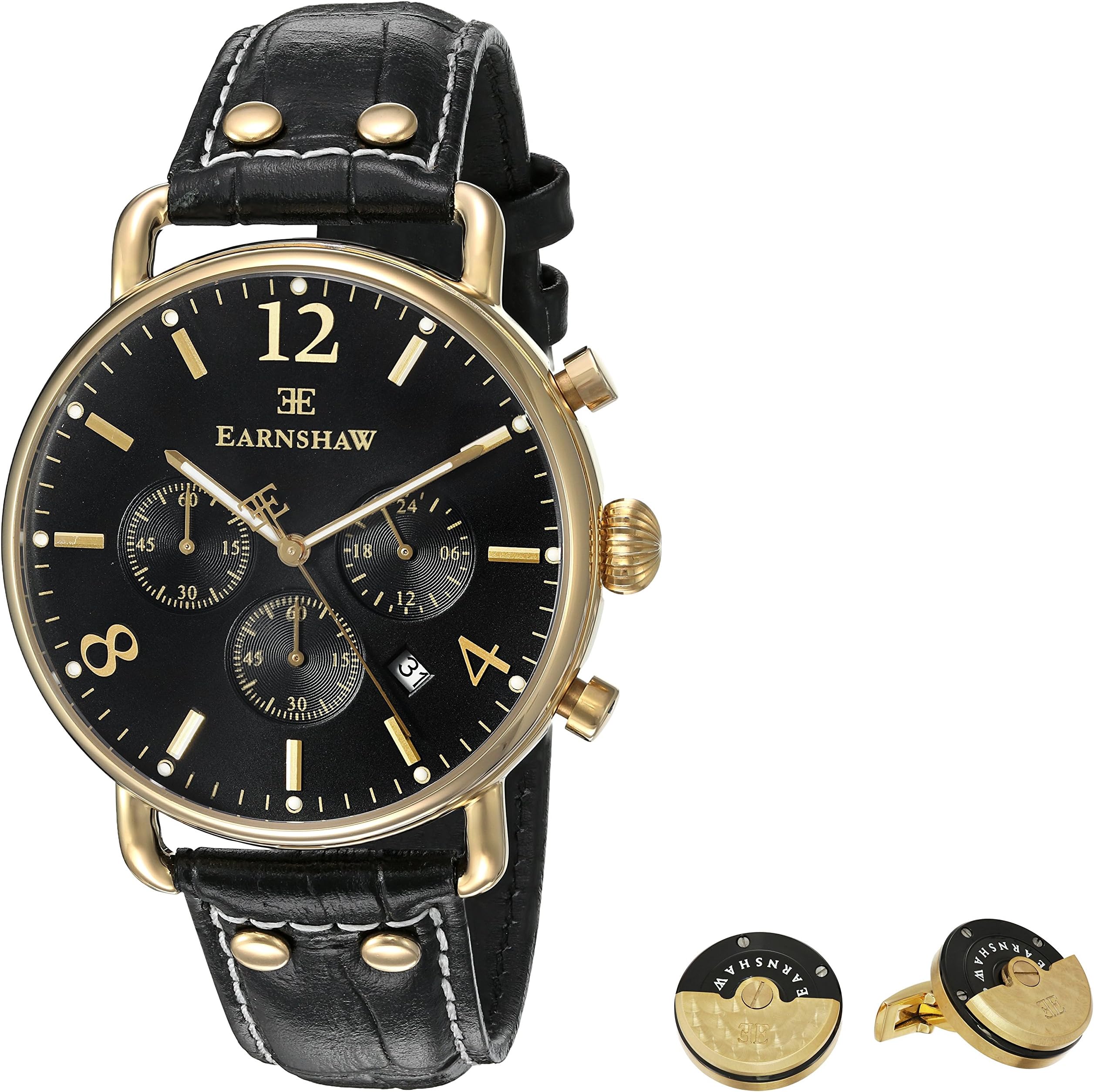 Thomas Earnshaw Men's 'Investigator' Quartz Stainless Steel and Leather Dress Watch, Color:Black (Model: ES-8001-SETA-01)