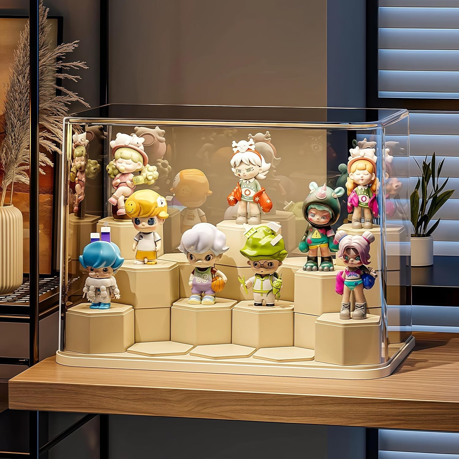 1 Pcs Clear Acrylic Display Case for Figures, Plastic Dustproof Showcase with Adjustable 24 Hexagonal Blocks, Large Box Suitable for Collectibles(1pcs Small)