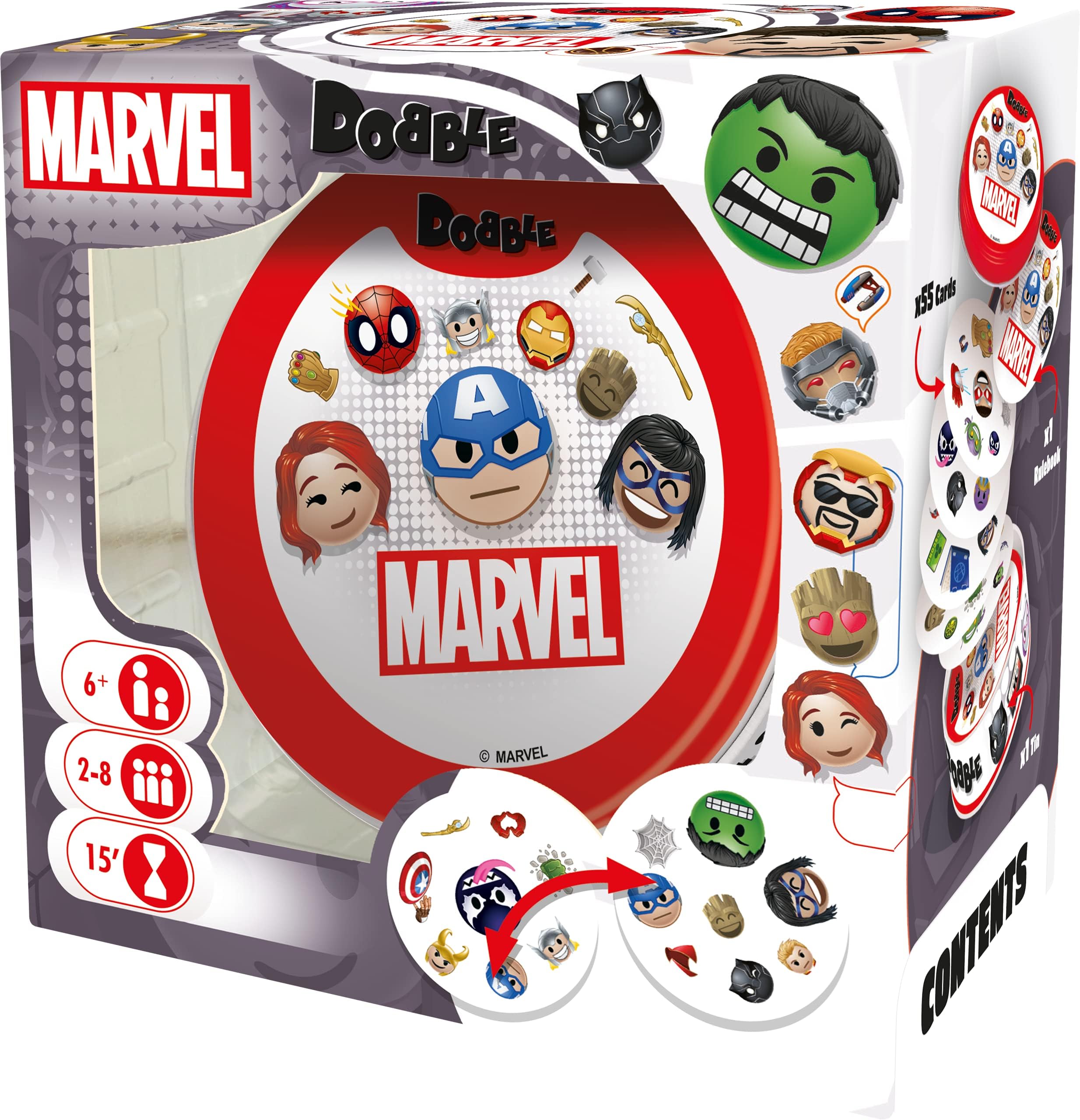 Asmodee | Dobble Marvel Emoji | Fun Family Card Game | Fast-Paced Observation Game | 15 Min Playtime | 2-8 Players | Ages 6 and up | Tin Box & 55 Cards