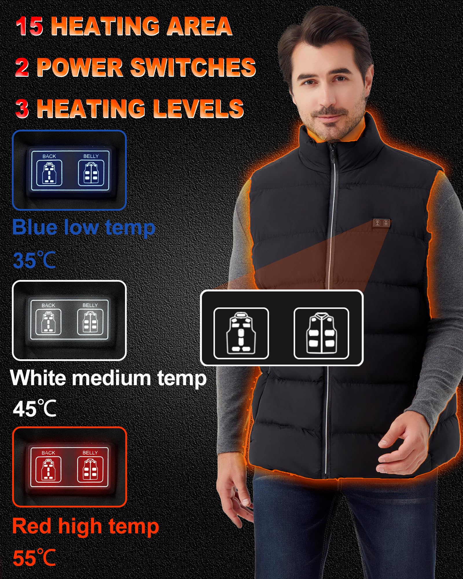 Gilet riscaldato per uomo e donna: gilet riscaldato leggero con USB con 3 livelli di temperatura e 15 zone di riscaldamento, giacca riscaldante elettrica invernale per escursionismo