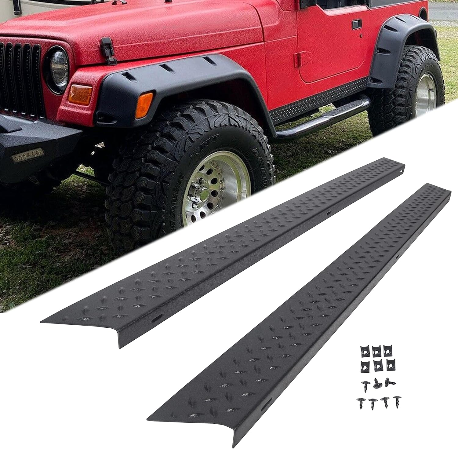 Side Body Armor Rocker Panel Compatible with 1997-2006 Jeep TJ Wrangler Diamond Plate Kit Replacement for 11650.05