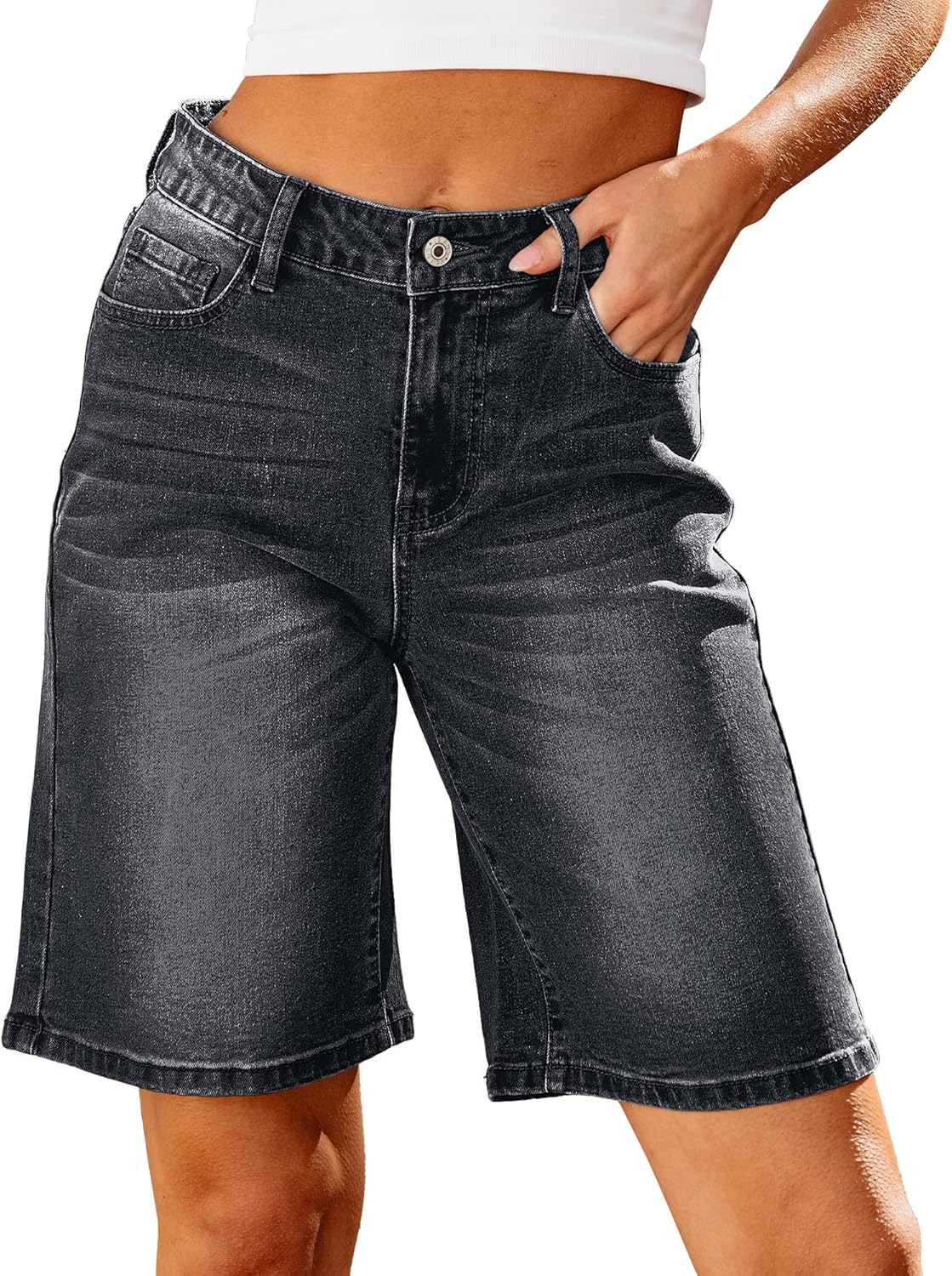 luvamia Bermuda Jean Shorts for Women High Waisted Trendy Stretchy Denim Shorts Knee Length Cutoff Loose Fit Long Shorts