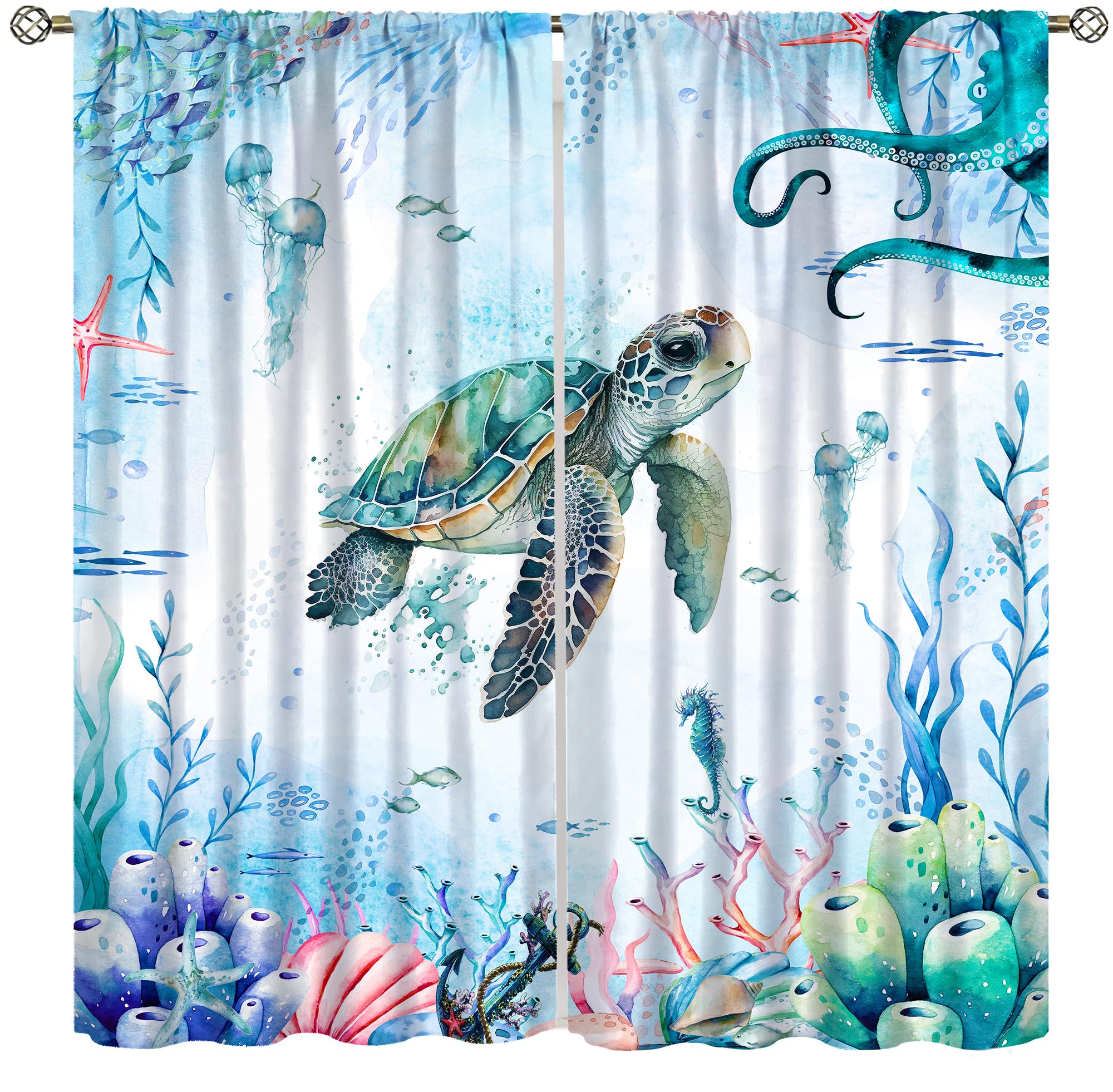 AAVEUP Turtle Ocean Curtains, Watercolor Cartoon Sea Animals Octopus Coral Shell Seahorse Jellyfish Window Treatments Drapes for Kids Boys Girls Bedroom Nursery Bathroom 42x45in?No Blackout?