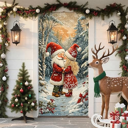 Miniatura 4 de Cubierta de puerta de Navidad, Papá Noel, muñeco de nieve, corona de árbol de Navidad, decoración de vacaciones de invierno para puerta delantera,