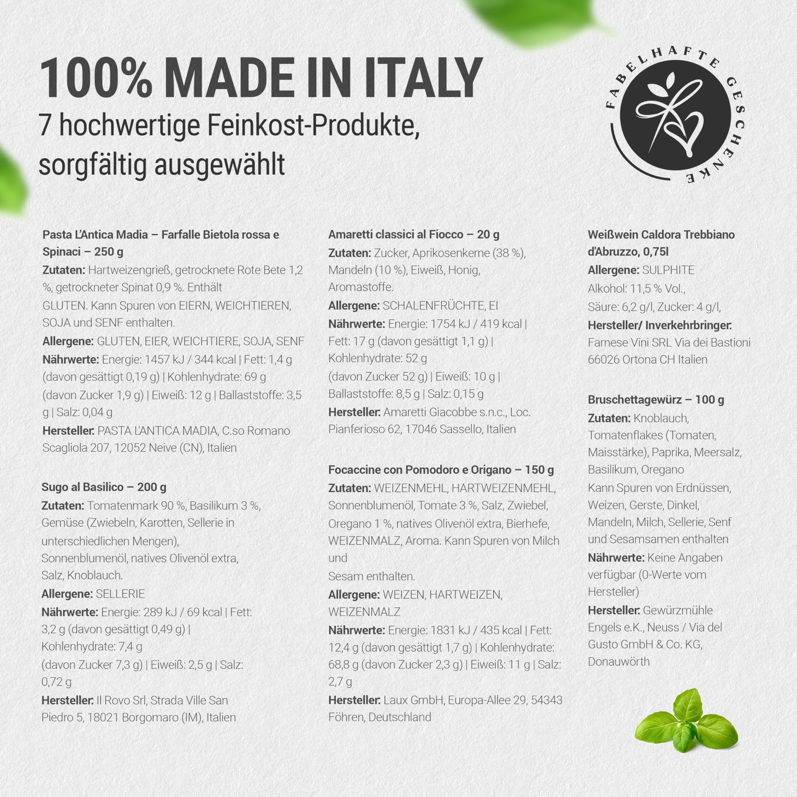 Präsentkorb Italia mit Weißwein und italienischen Spezialitäten | Pasta, Sugo, Focaccine, Gewürzmischung, Amaretti | für Männer & Frauen | mit Banderole " Herzlichen Glückwunsch"