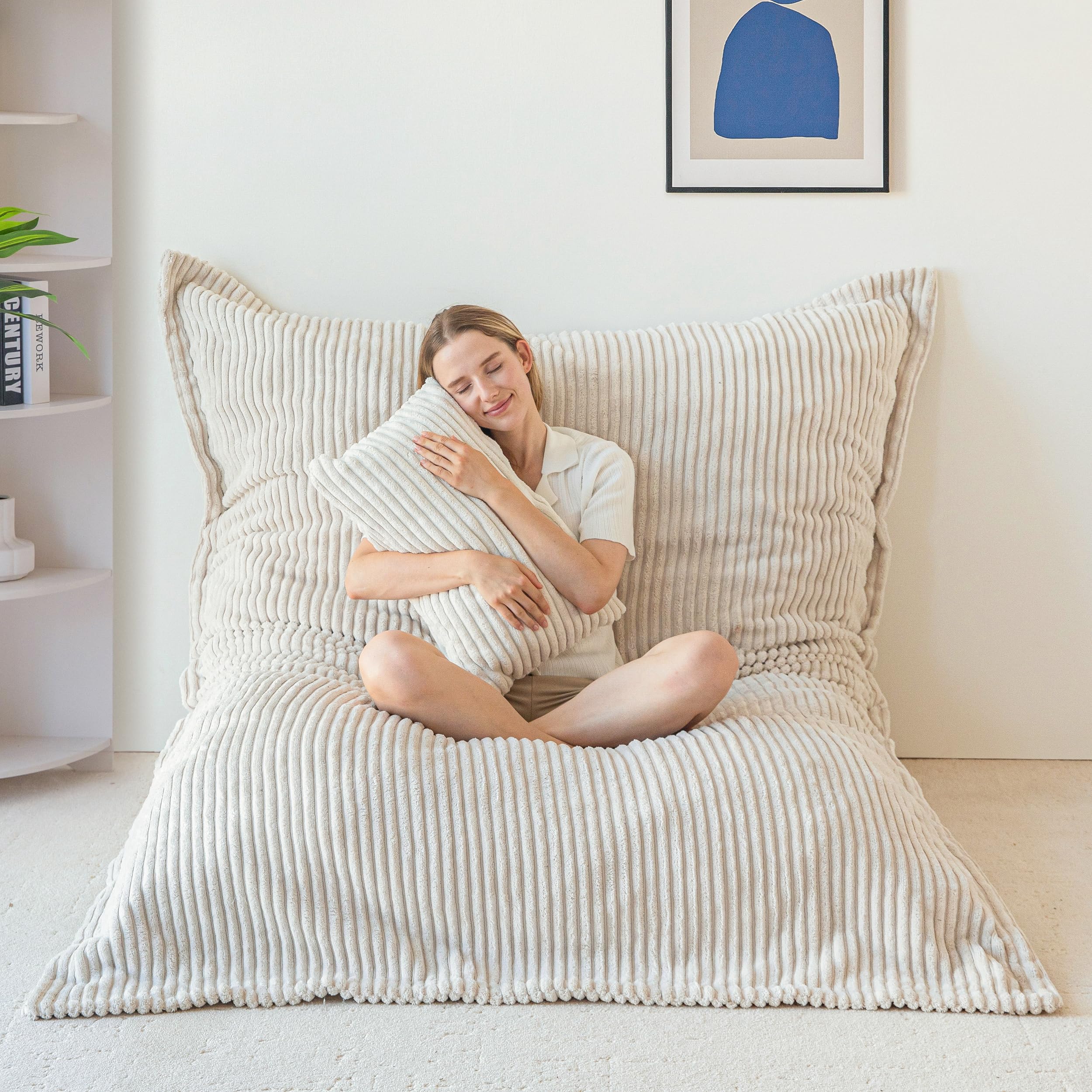 MAXYOYO Giant Bean Bag Chair with Pillow, 3 in 1 Convertible Bean Bag Chair for Adults with Washable Cover, Removable Floor Cushion Stuffed Floor