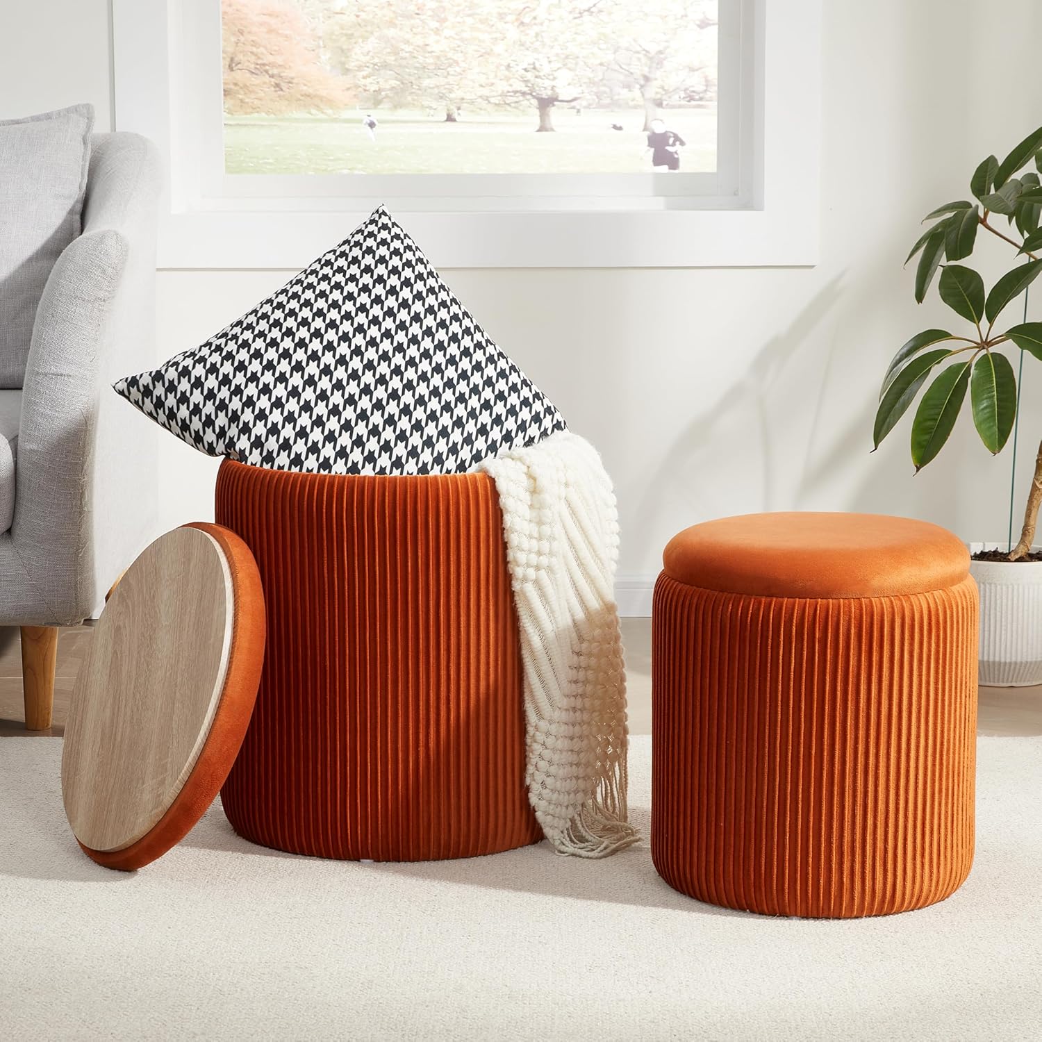Round Ottoman with Storage Set of 2,Vanity Stool with Storage for Bedroom, Ottoman Coffee Table,Small Velvet Foot Stool Ottoman for Living Room, Orange Velvet-orange