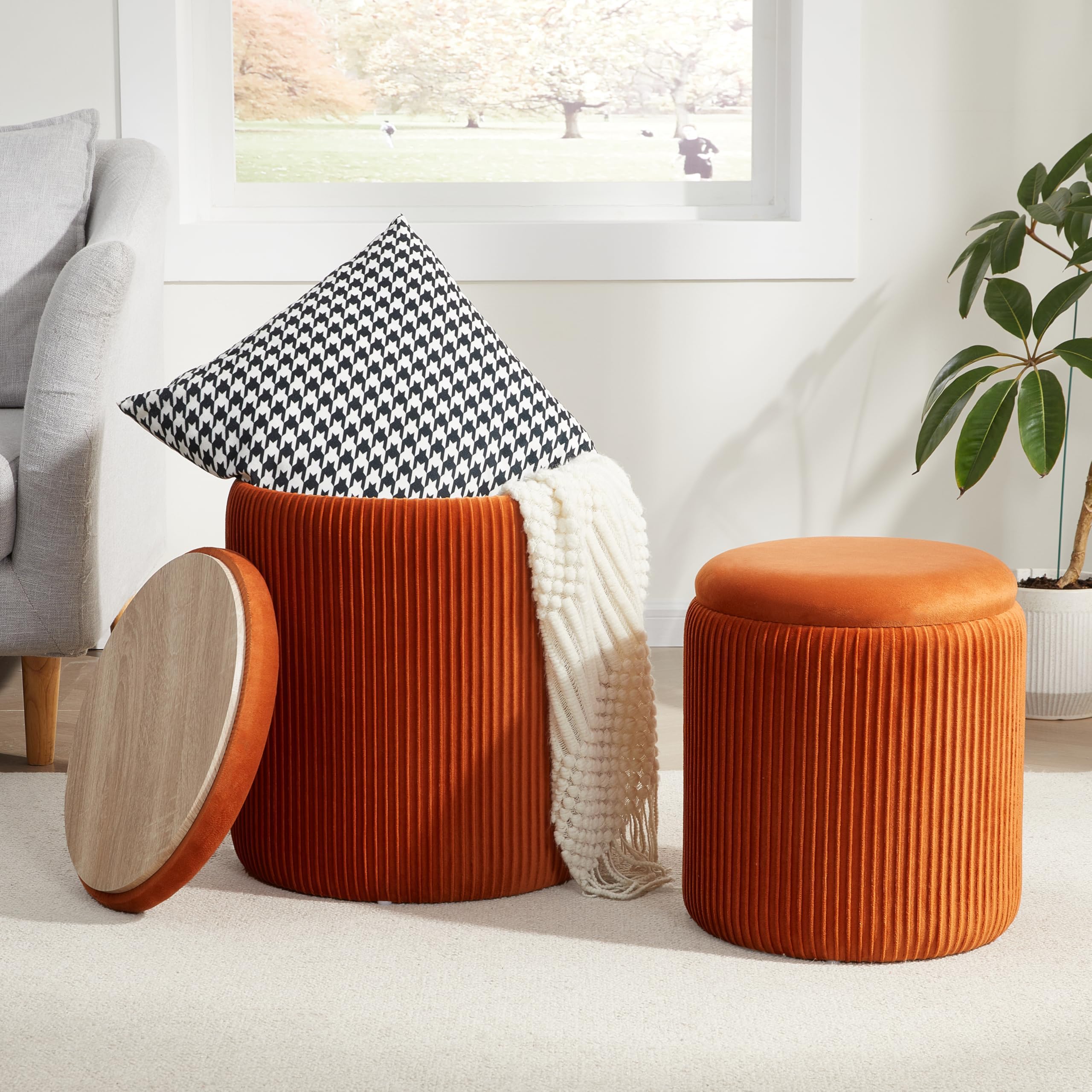 Round Ottoman with Storage Set of 2,Vanity Stool with Storage for Bedroom, Ottoman Coffee Table,Small Velvet Foot Stool for Living Room, Orange