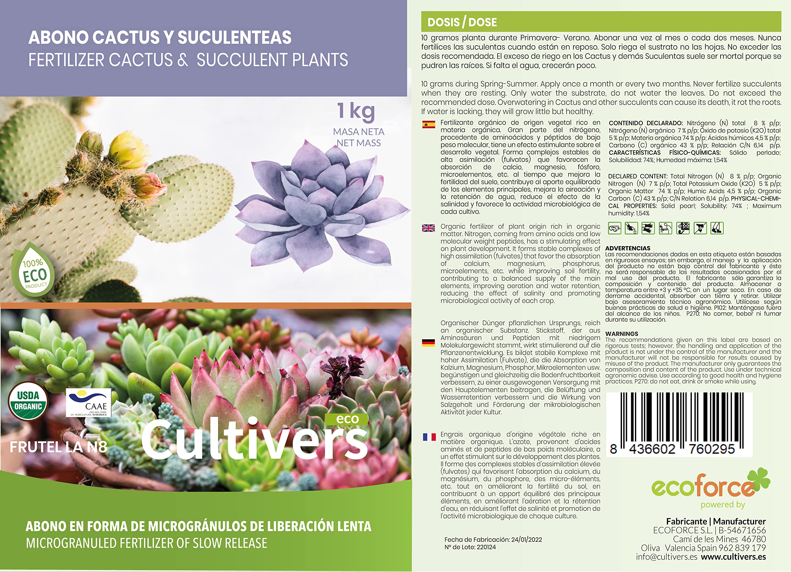 CULTIVERS Concime per Cactus, Piante Grasse e Succulente Biologico 5 kg, Fertilizzante Granulare a Lenta Cessione, 100% Organico e Vegano