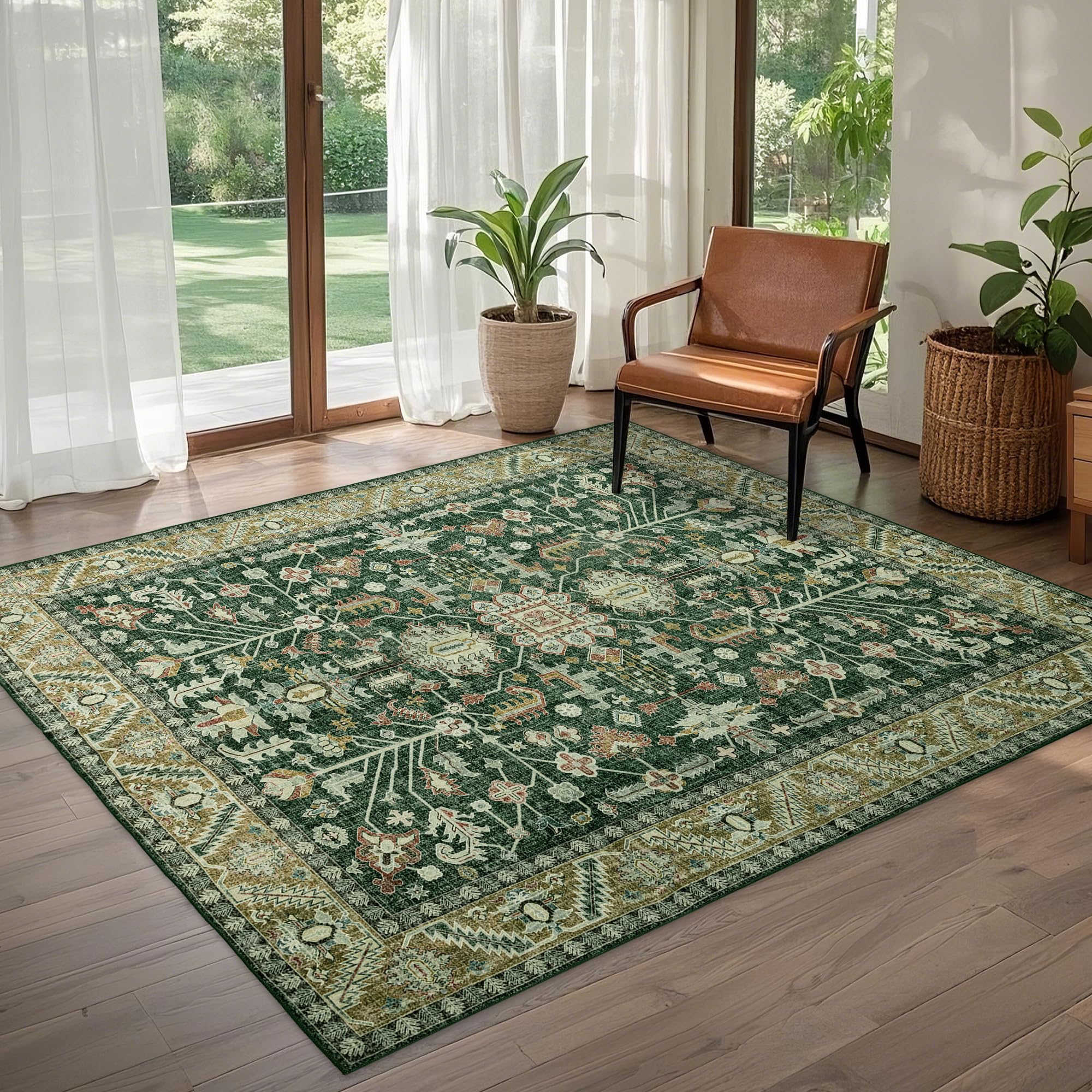 Brevonox 4x6 Area Rug Washable: Oriental Soft Area Rug for Living Room Bedroom No Shedding - Low Pile Thin Carpet Rug for Dining Room Non Slip - Boho