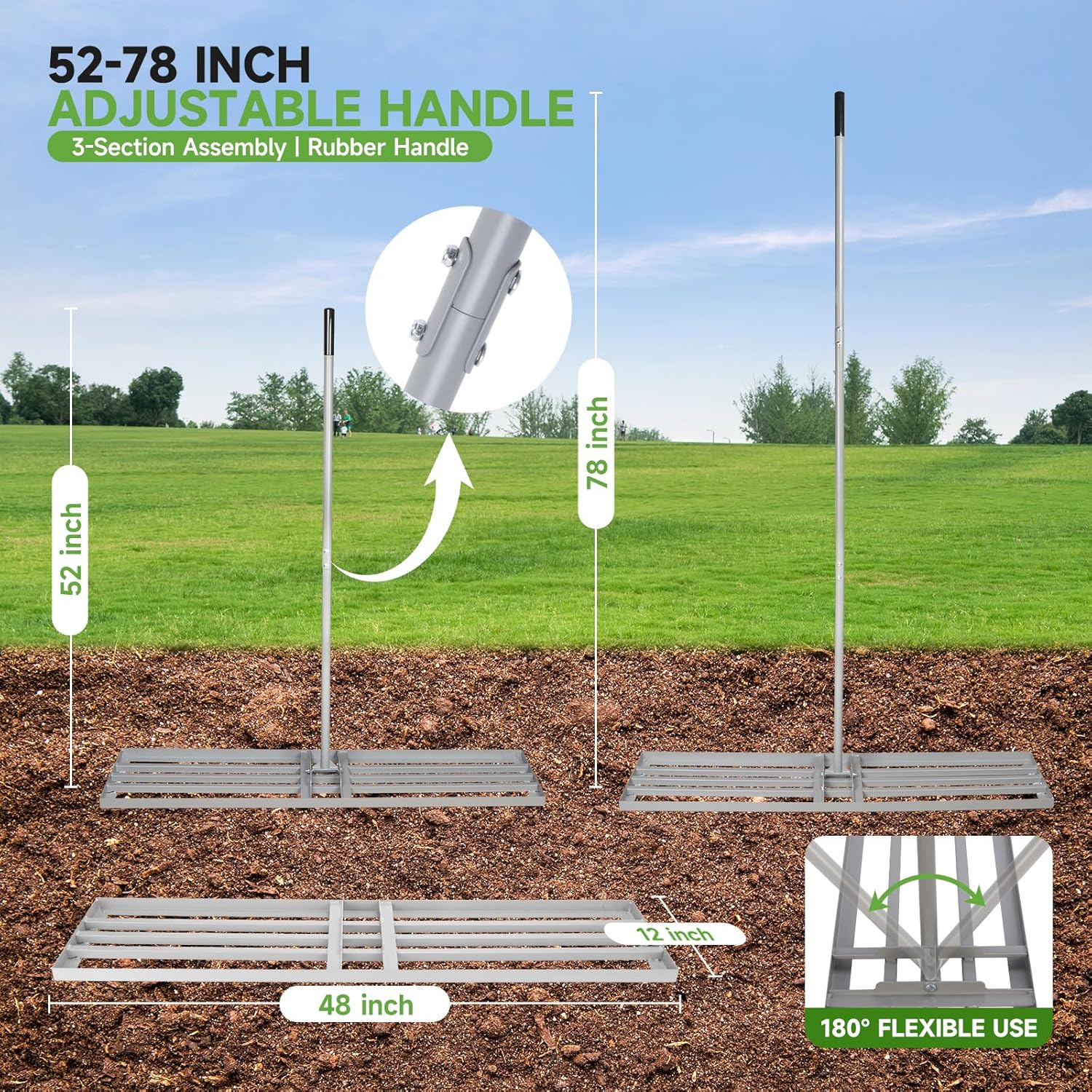 Lawn Leveling Rake – Heavy-Duty Galvanized Steel Yard Leveling Rake with Adjustable 48x12 Inch Rack Head & Extendable 52-78 Inch Handle, Rust-Resistant, All-Welded, Gloves Included