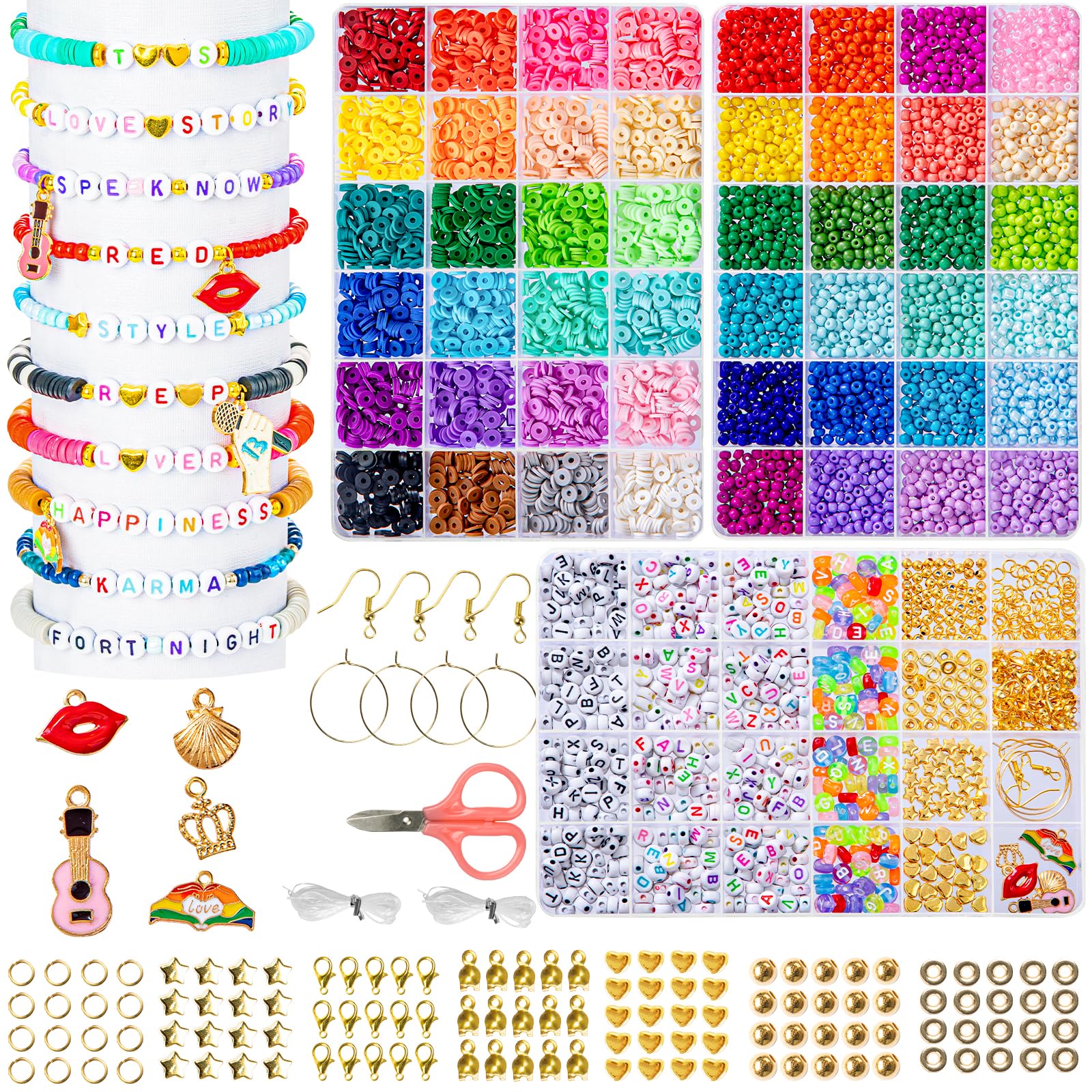 Goldwise Friendship Bracelet Kit 3 Boxes-6240 Pcs 48 Colors Bracelet Making Kits with Clay Beads, 2880 Pcs 4mm Glass Seed Beads and 960 pcs A-Z Letter