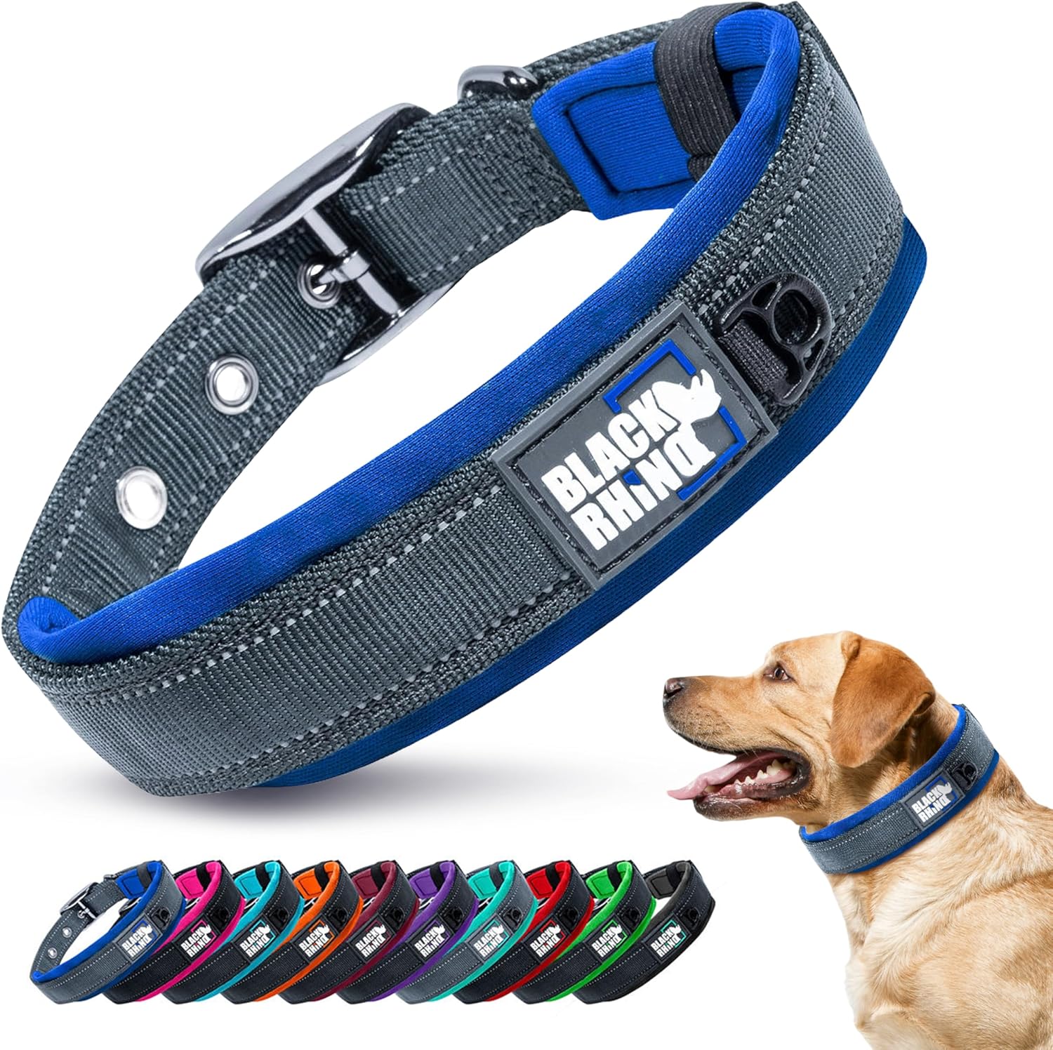 Black Rhino – Das Komforthalsband, superweiches, mit Neopren gepolstertes Hundehalsband für alle Hunderassen – robust, verstellbar, reflektierend, wetterfest (groß, blau/schwarz) Black Rhino – Das Komforthalsband, superweiches, mit Neopren gepolstertes Hundehalsband für alle Hunderassen – robust, verstellbar, reflektierend, wetterfest (groß, blau/schwarz)