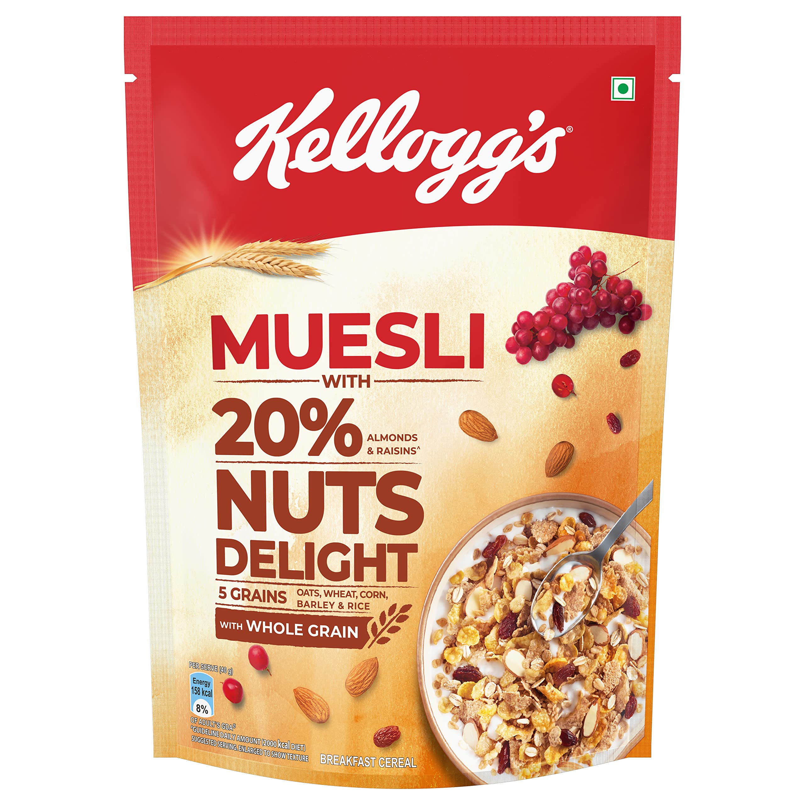 Buy Kellogg's Muesli 20 Nuts Delight 500g Almonds & Raisins, 5 Grains, High in Iron, s B1, B2