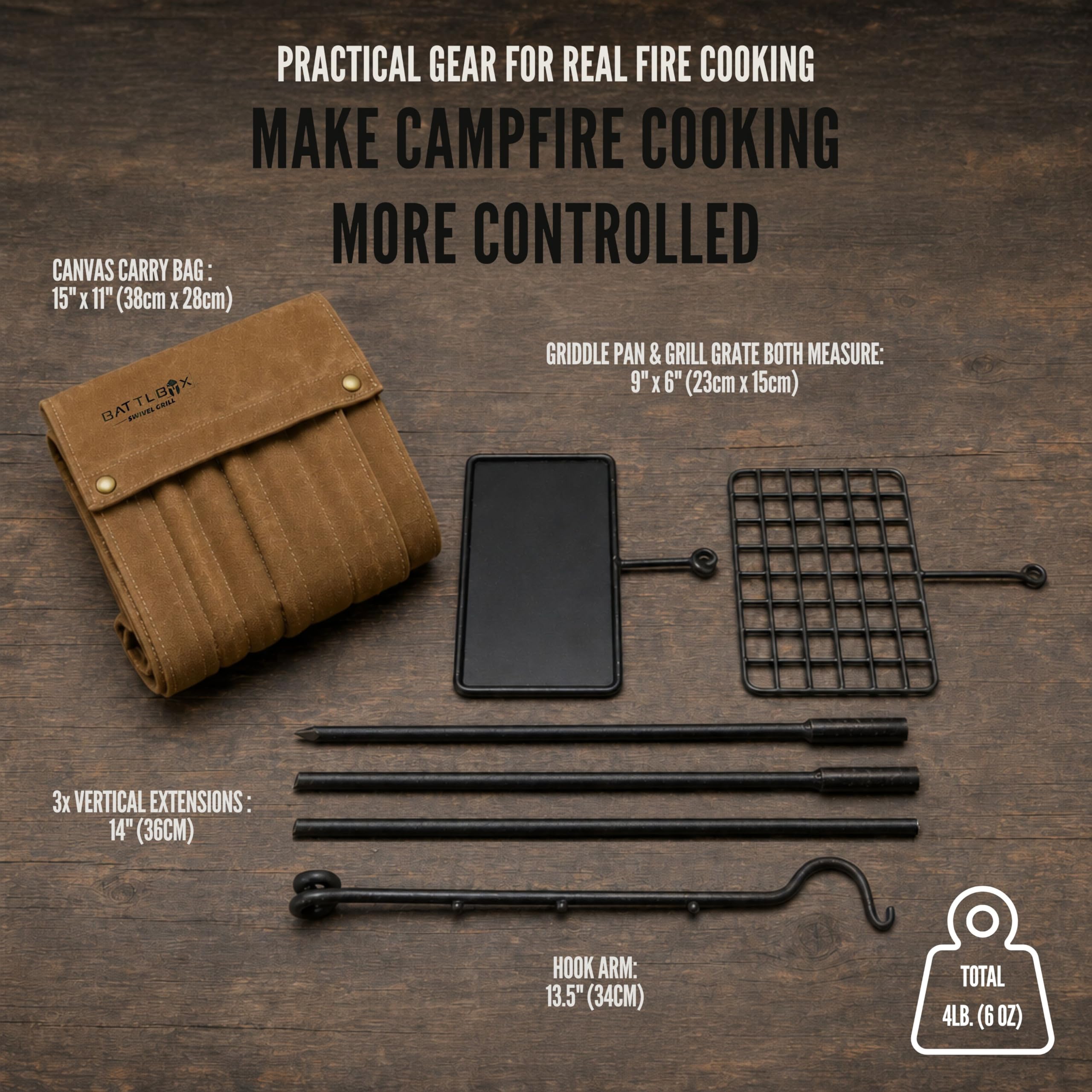 BATTLBOX Bushcraft zestaw grilla, stalowy ruszt do gotowania na ognisku, obrotowy grill na świeżym powietrzu, otwarty ogień, pakowany zestaw do gotowania przy ognisku, wytrzymały grill kempingowy,
