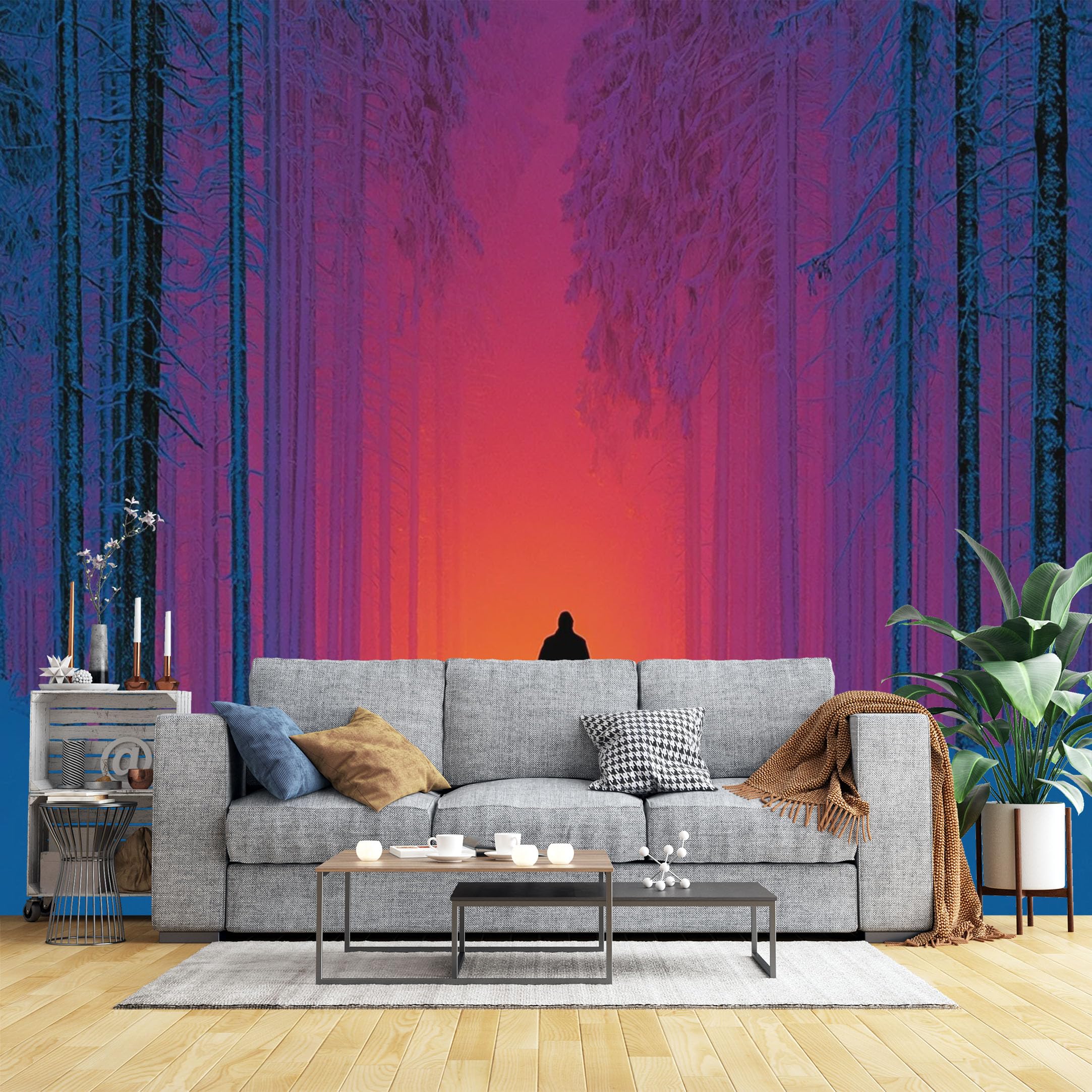 Custom Size Wall Murals Neon Forest Path Silhouette Wall Murals Moody Winter Landscape Wallpaper, Home Decor Self-Adhesive Removable Wallpaper for Bedroom