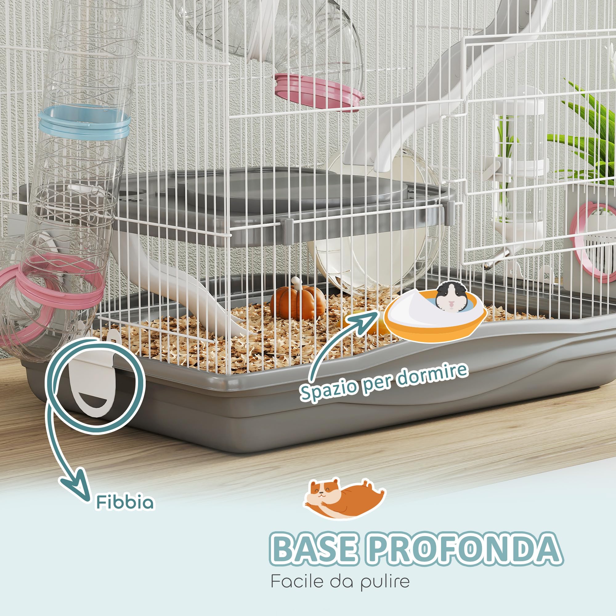 PawHut Gabbia per Criceti a 3 Livelli e 14 Tubi con Casetta, Rampa, Ciotole, Serbatoio per l'Acqua e Vassoio Antigoccia, Gabbietta per Criceti in Metallo e Plastica, 45x30x45 cm, Grigio