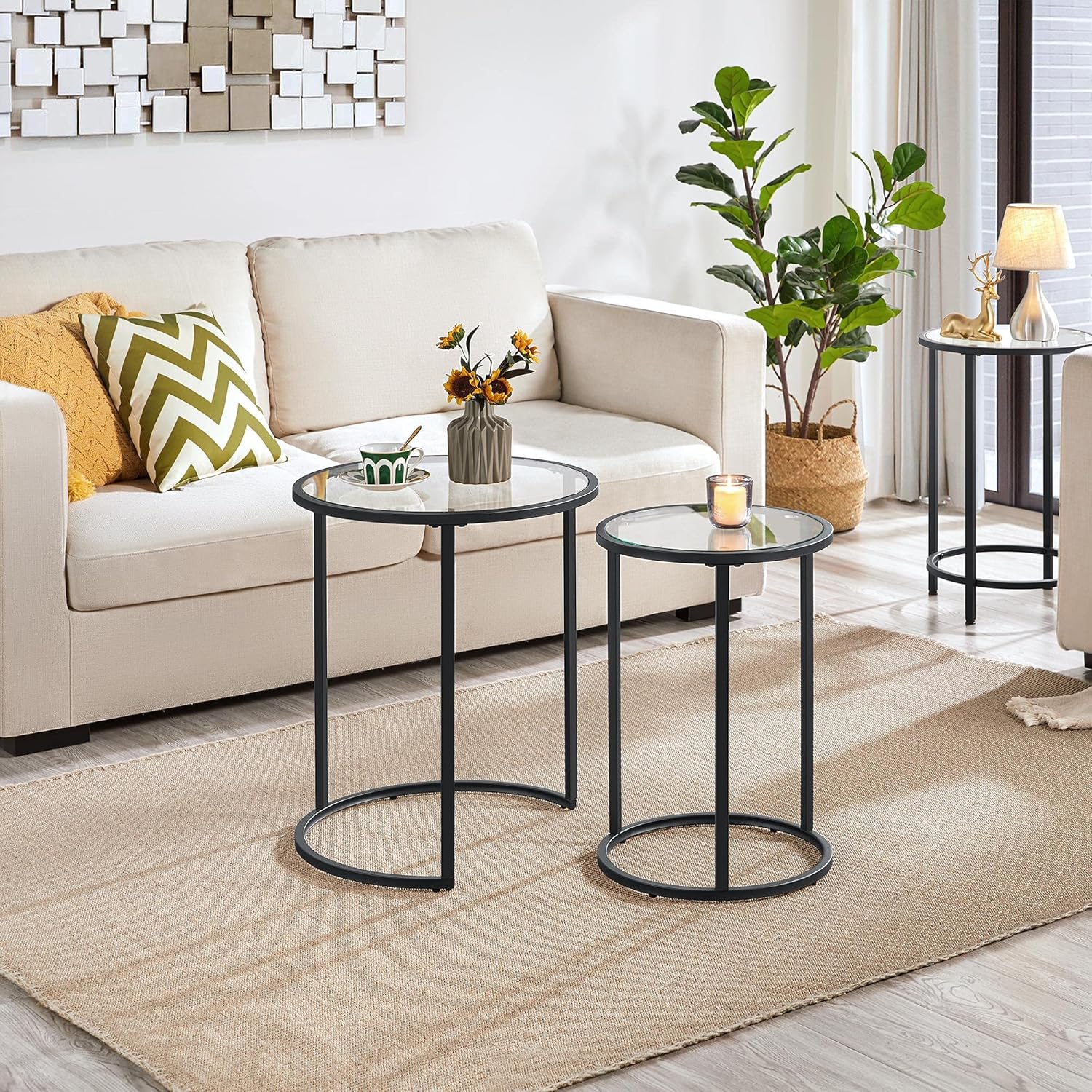 Topeakmart Round Nesting Side Tables,Accent Table Set,Little End Table Combo w/Metal Frame & Glass Top, Easy Assembly for Living Room, Bedroom, Guestroom, Office, Apartment,Small Space-Black