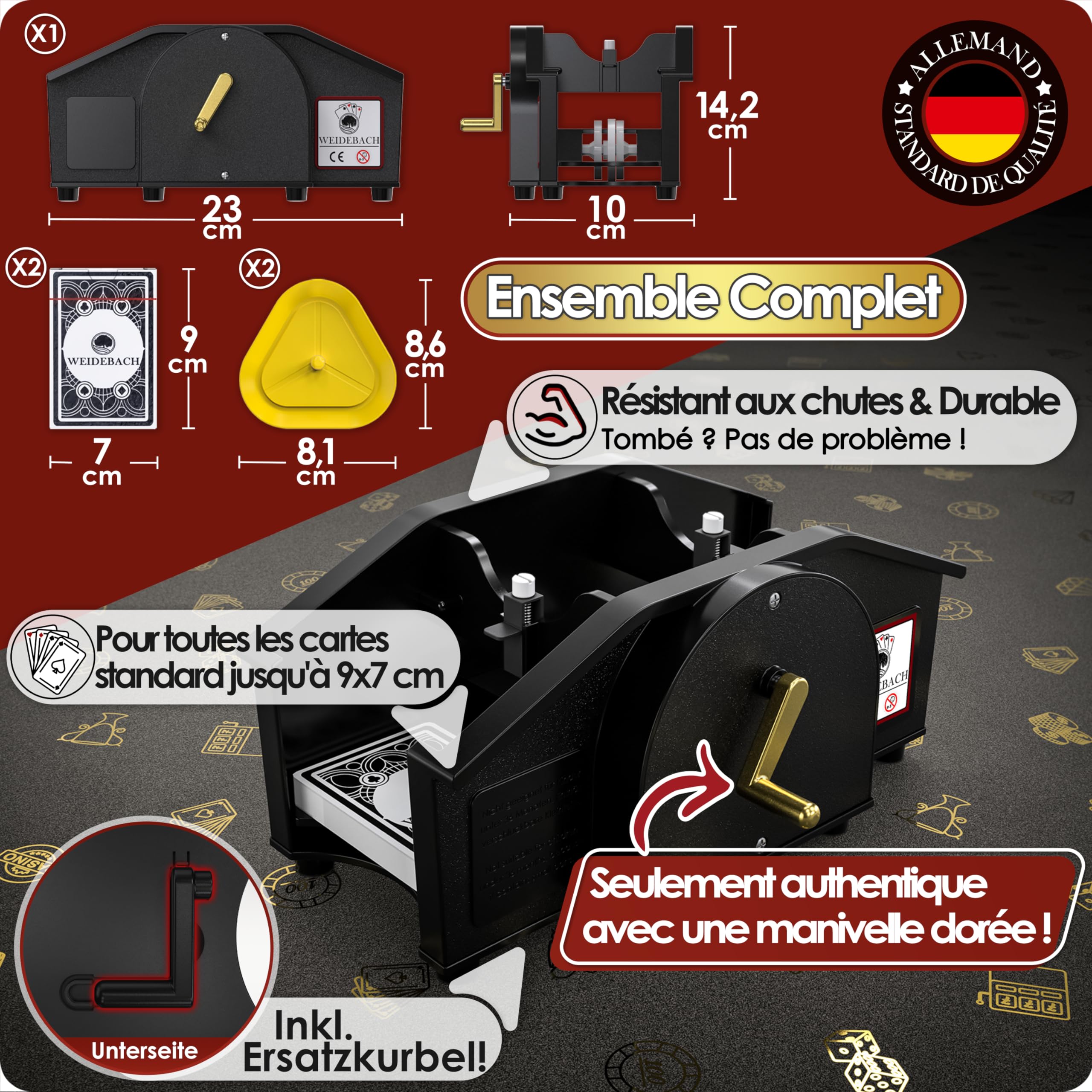 WEIDEBACH® Mélangeur de Cartes Noir avec Manivelle Dorée pour Jeux Standard, 2 Jeux & Manivelle de Rechange, Appareil de Mélange avec Li