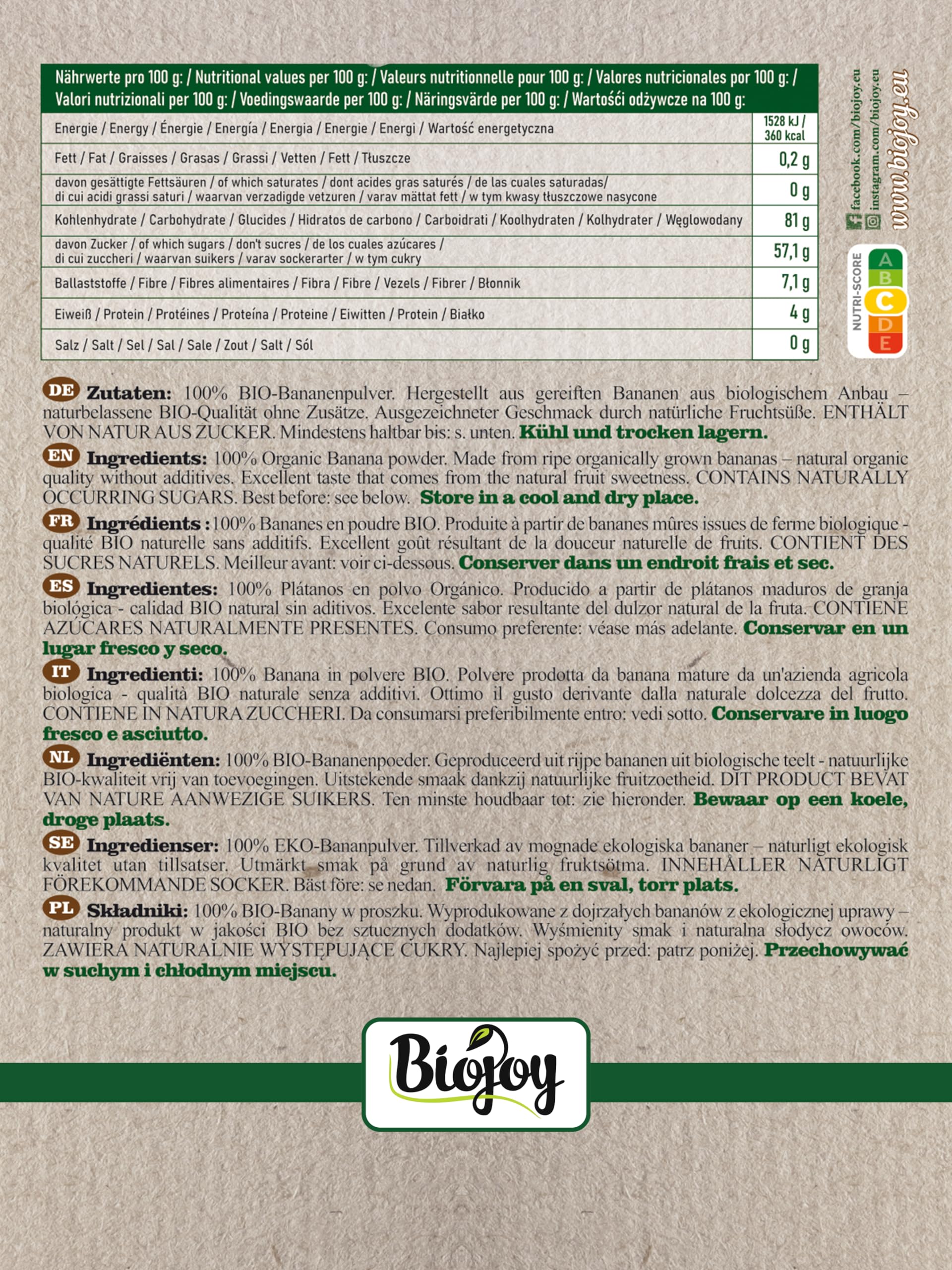 Biojoy Bananе en poudre BIO (1 kg), idéal pour le lait et le shake, sans additifs
