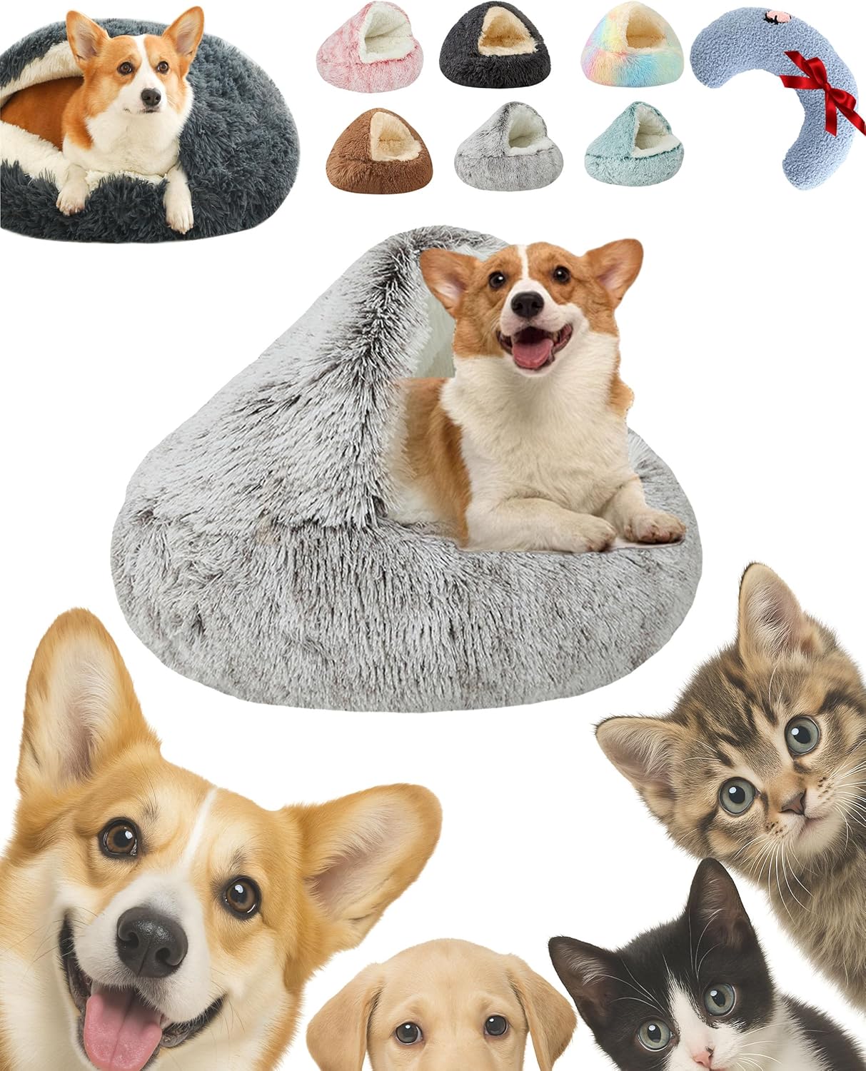 Dog Bed with Hooded Cover, Anti-Anxiety Round Plush Fluffy Hooded Pet Cave, Enclosed Dog Beds with Non-Slip Bottom, Calming Dogs Cove for Improved Sleep, Ease Joint Pain (Khaki, 19.7")