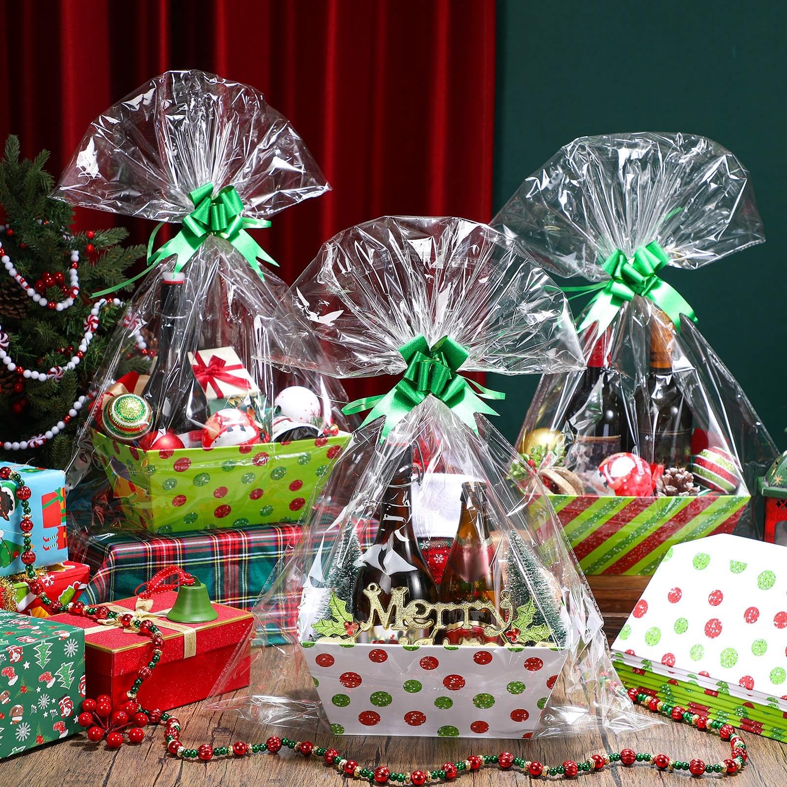 Yeaqee 36 cestas vacías de regalo de Navidad de 8 x 10 pulgadas, 12 unidades, color rojo y verde, con lazos verdes, a granel, caja de regalo de Navidad para Navidad, vacaciones, bodas, aniversarios,