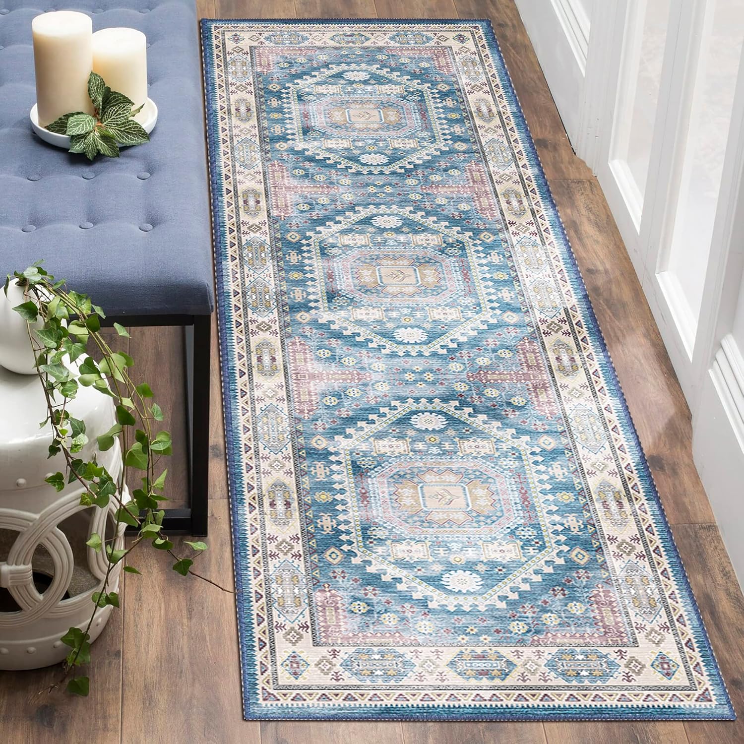 vivorug Blue Runner Rug 2'x7' Vintage Washable Non-Slip Runner