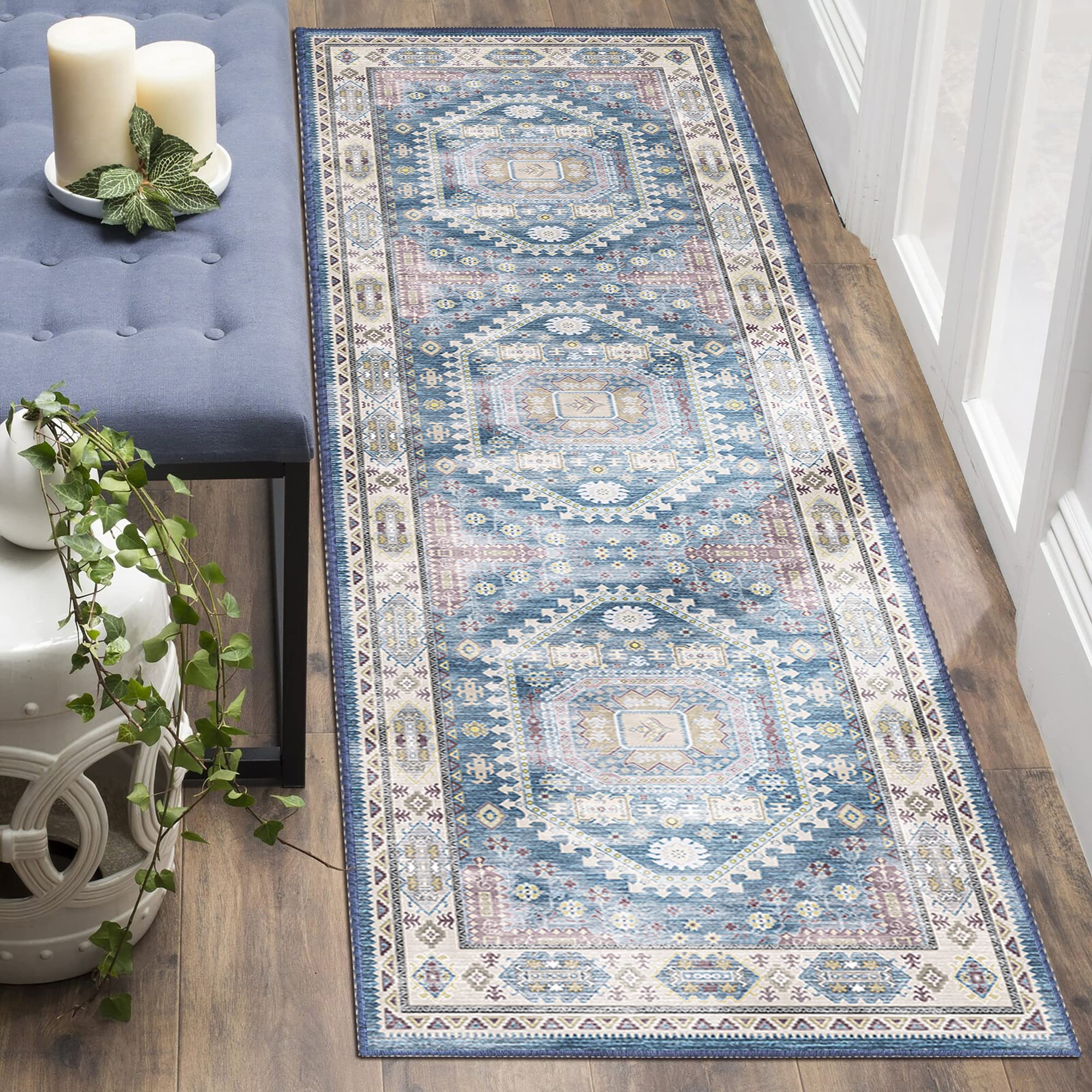 vivorug Blue Runner Rug 2'x7' Vintage Washable Non-Slip Runners for Hallways Kitchen Entryway Laundry Room Carpet Hallway Runner