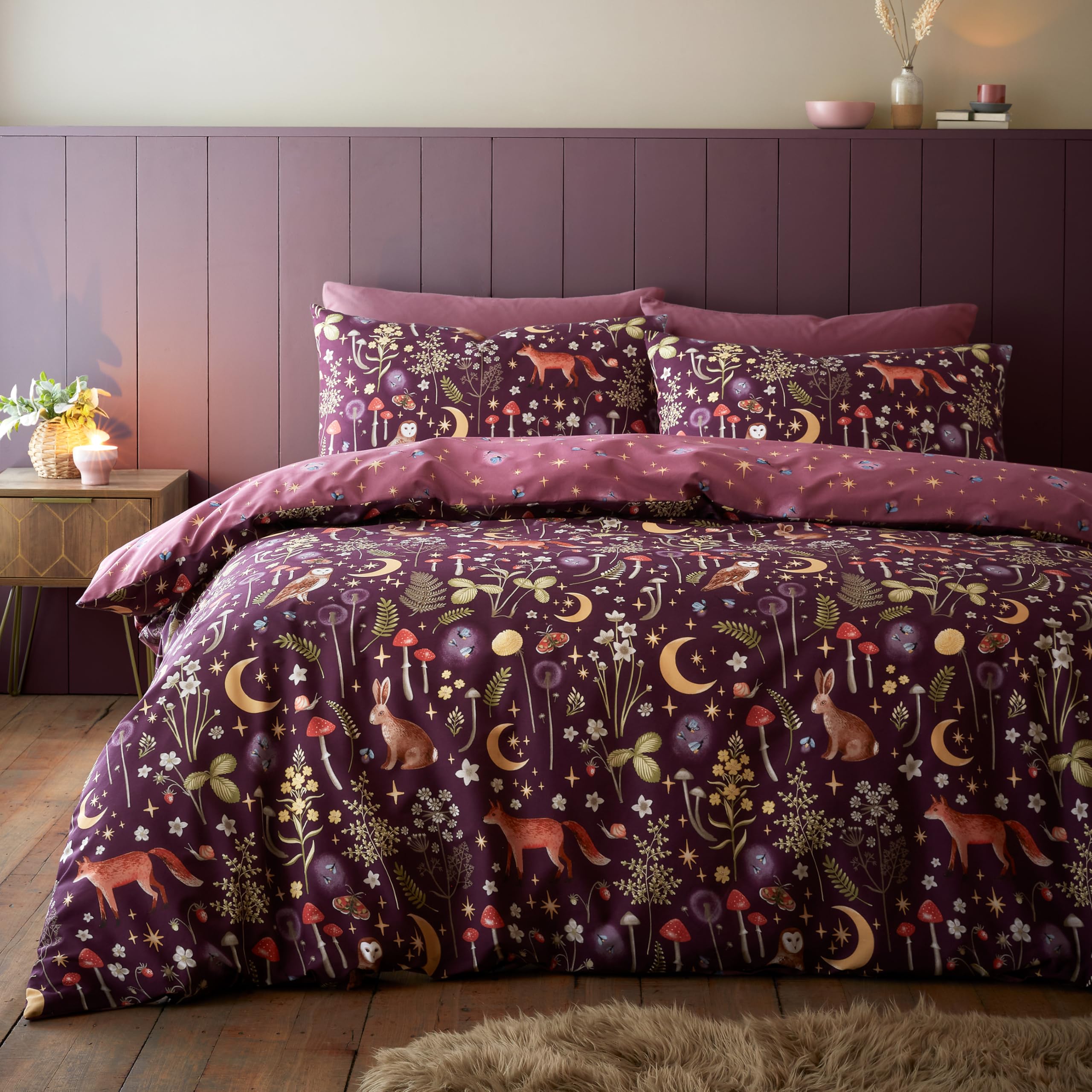 Catherine Lansfield Enchanted Twilight Reversible King Duvet Cover Set with Pillowcases Plum