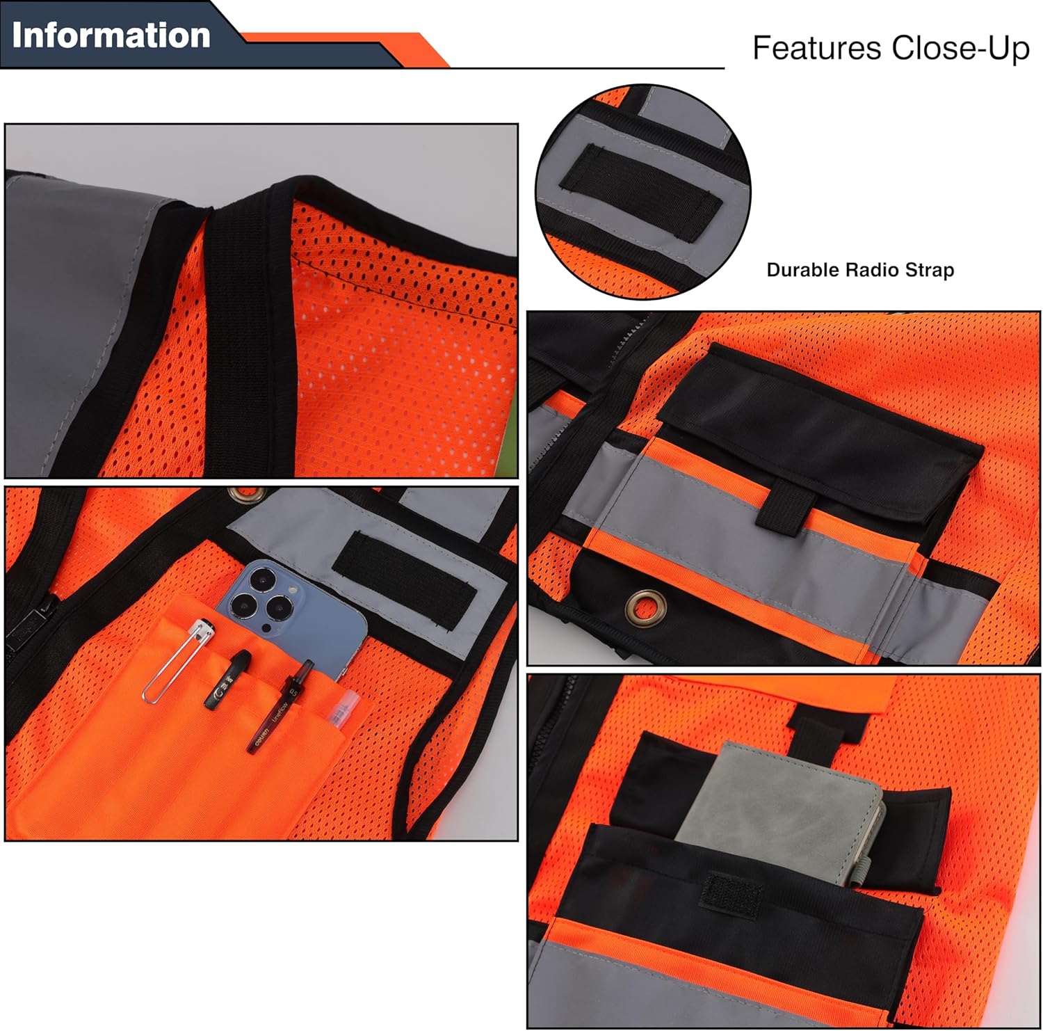 Class 2 High Visibility Reflective Safety Vests Women & Men With 15 Pockets And Zipper Front,Meets Ansi/Isea Standards - Image 4