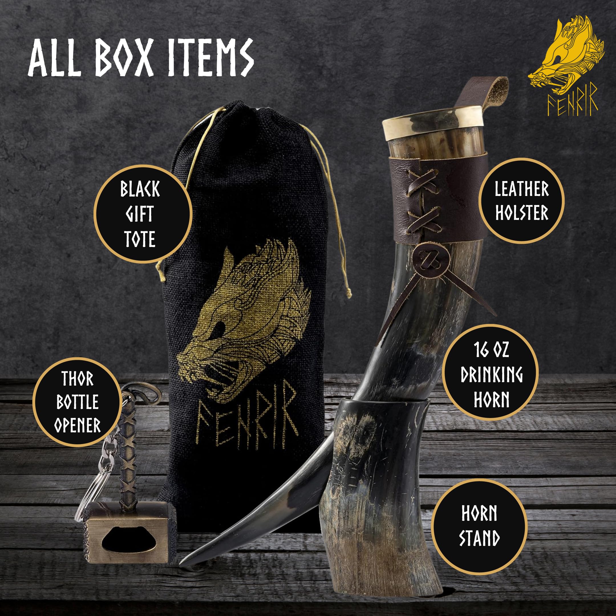 FENRIR Viking Drinking Horn With Stand | Thor Bottle Opener | Authentic Ox Horn Norse Medieval Stein for Ale, Mead, Whiskey | Loud Cup Tumbler Horn | Unique Gifts for Men | 16-oz Natural Polished