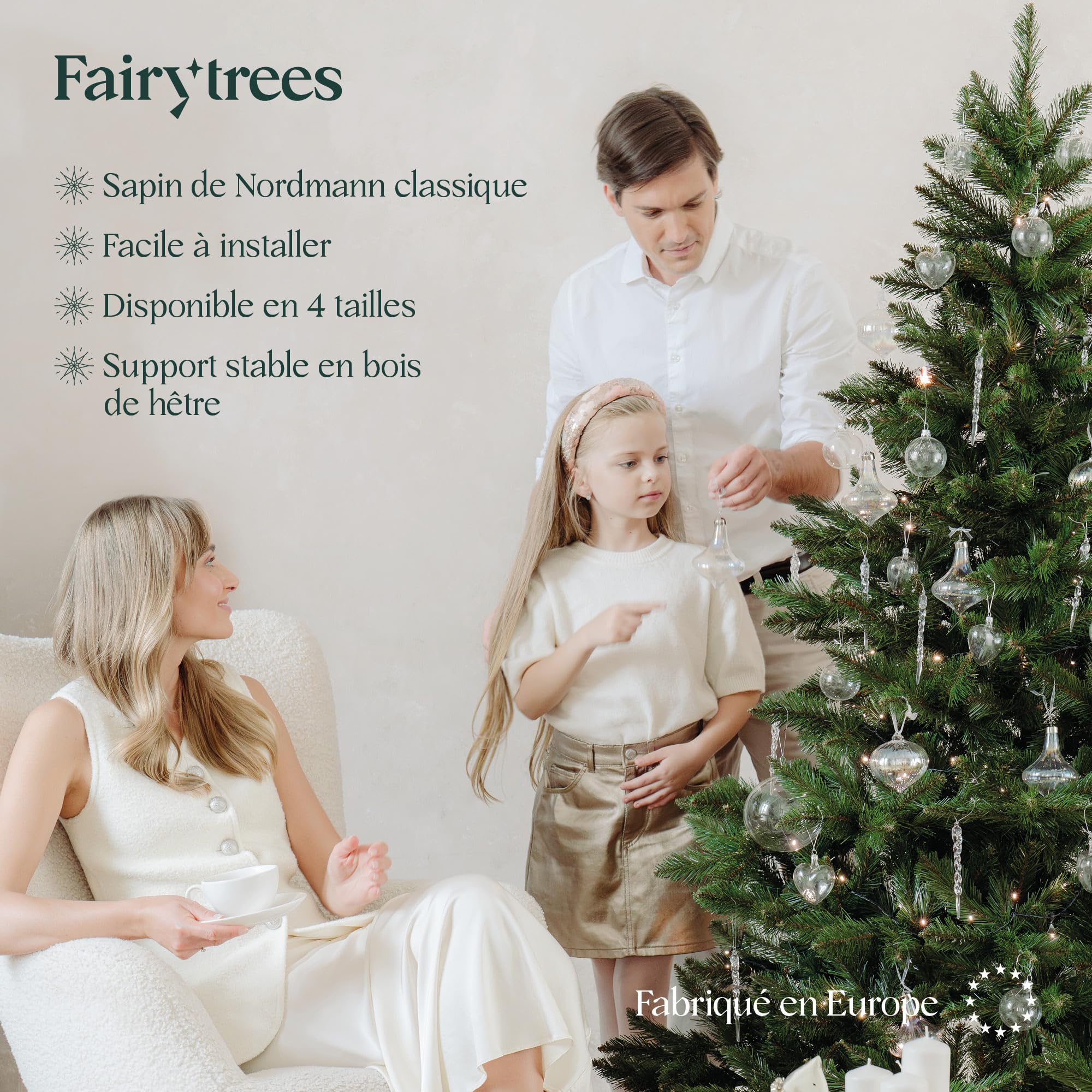 FairyTrees Sapin de Noël Artificiel 180cm NORDMANN | Arbre de Noël avec Support en Bois | Sapin avec Tronc Vert | Made in EU