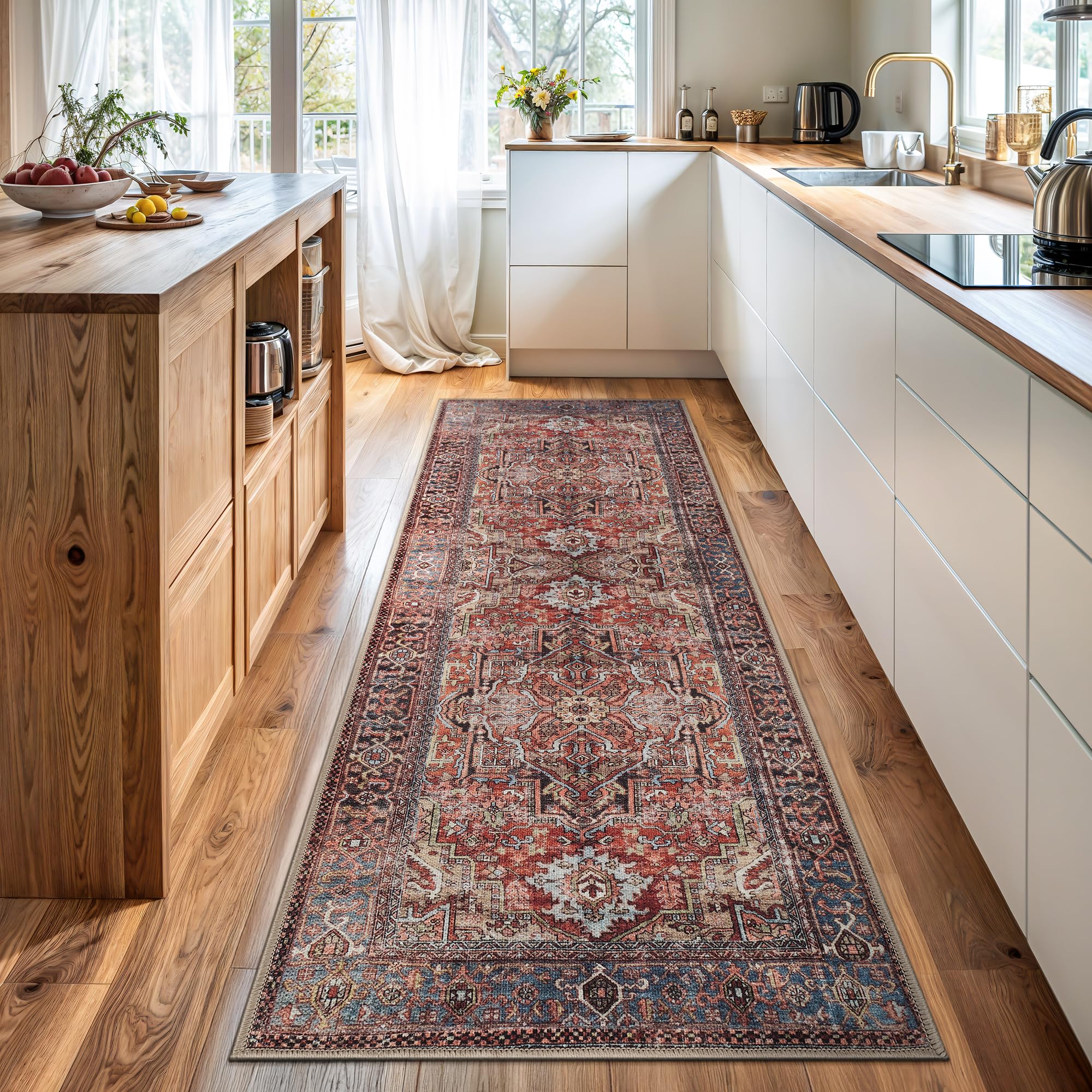 Bloom Rugs Washable Non-Slip 10 ft Runner - Terracotta/Blue Traditional Medallion Runner for Entryway, Hallway, Bathroom, and Kitchen - Exact Size: 2.5' x 10'