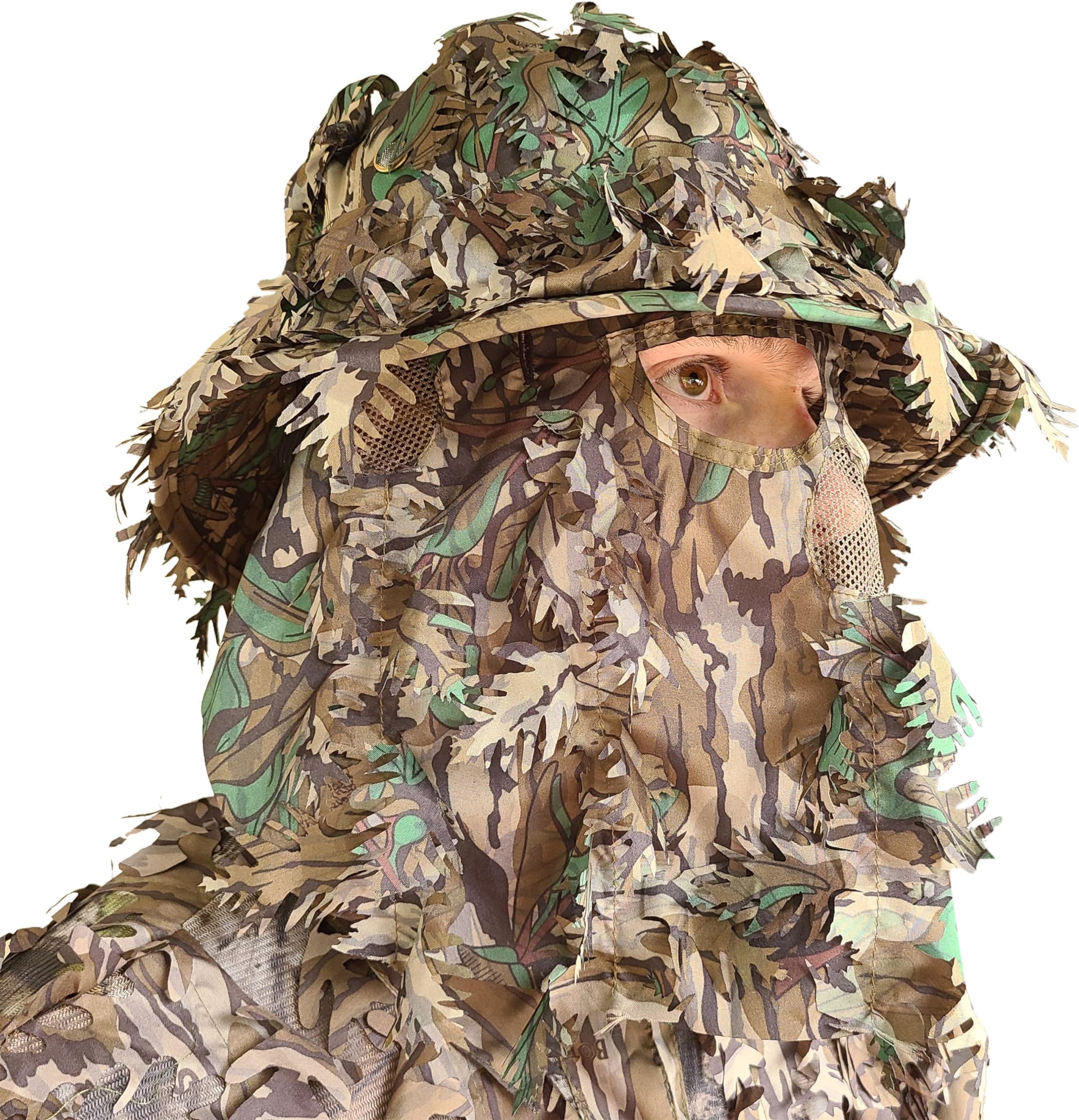 Men’s 3D Leafy Camo Bucket Hat with Built-in Face Mask for Turkey Hunting - Adjustable Size