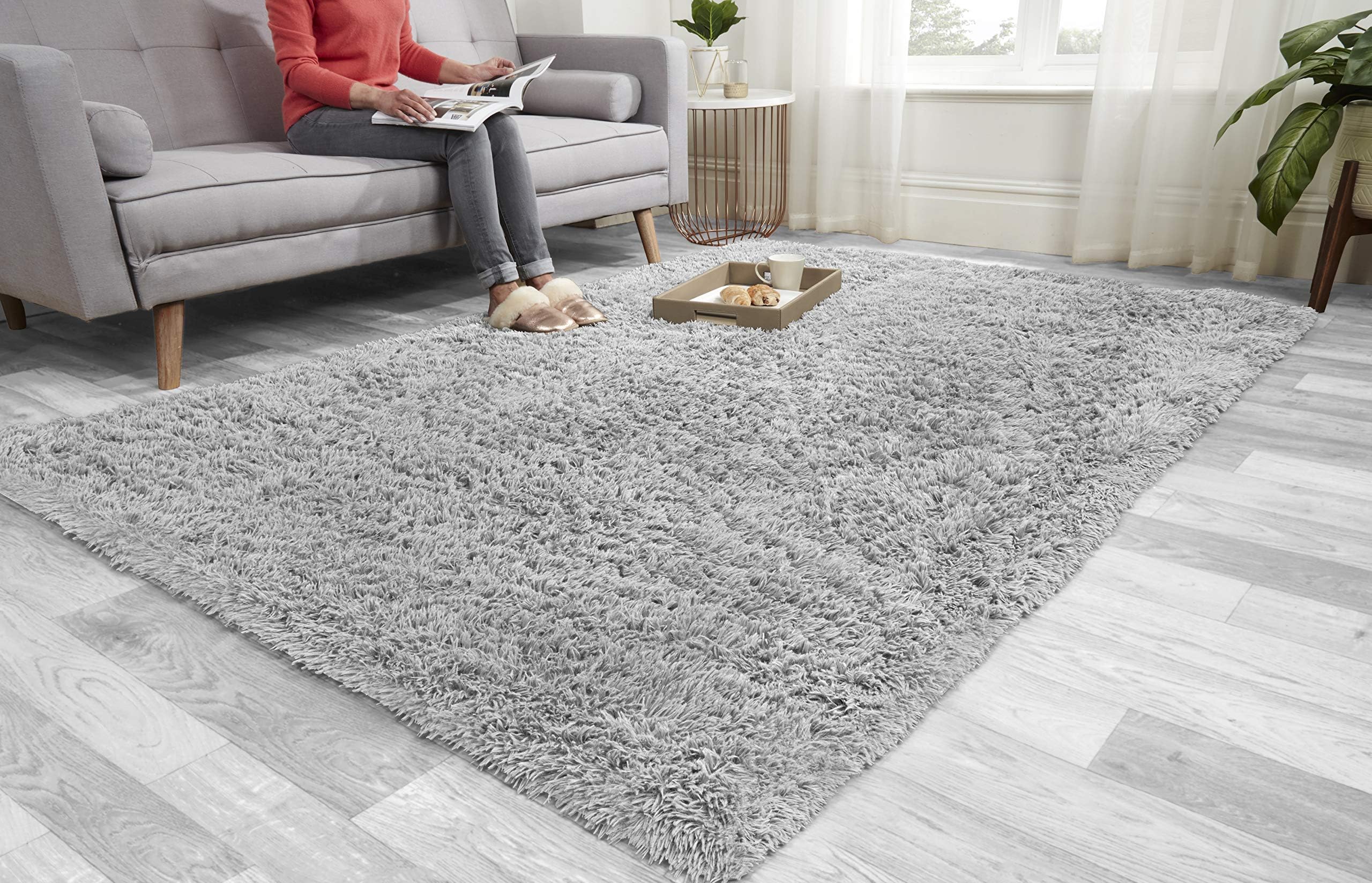 Super Soft FLUFFY Shaggy Rug Anti-Slip Carpet Mat Living Room Large Area Rugs Modern Floor Bedroom Extra Large Size Non Shedding (Silver, 120cm x 170cm (4ft x 5.6ft))