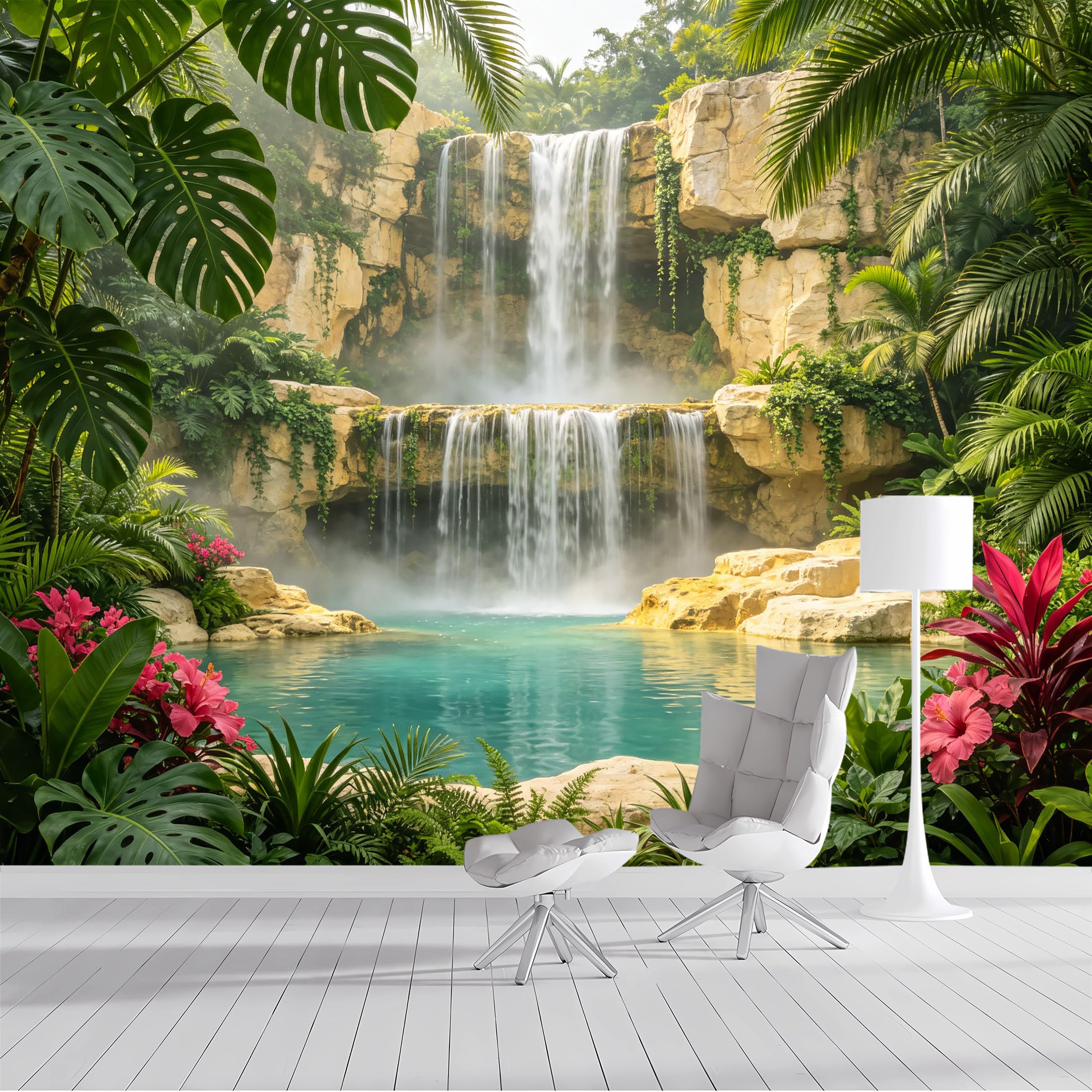 Custom Size Wall Mural Tropical Waterfall Jungle Landscape Botanical Paradise SelfAdhesive Wall Fabric Removable Peel and Stick Wallpaper Wall Decor for Living Room Bedroom Bathroom