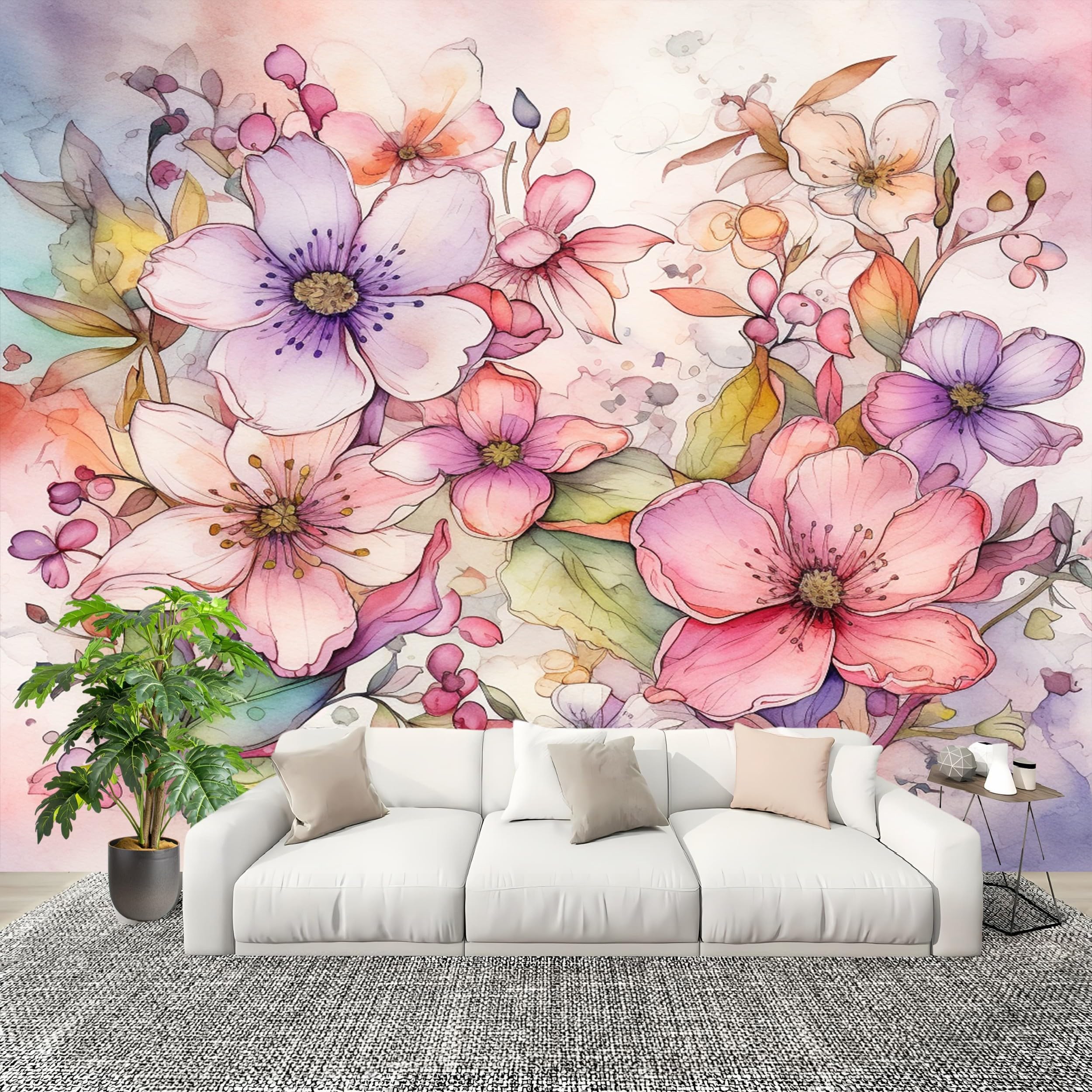 Sypialnia Panoramiczna tapeta 3D Akwarela kwiatowy wzór 350x256 cm różowa tapeta ścienna z włókniny do salonu Sofa TV dekoracja tła, konfigurowalny duży rozmiar