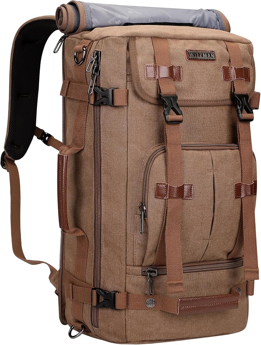 WITZMAN Canvas Travel Backpack for Men Vintage Laptop Backpack | Convertible 3 in 1 Bag, Carry on Luggage Backpack, Airline Approved, For Travel, Daily, Weekend Getaway, A519-2 Brown