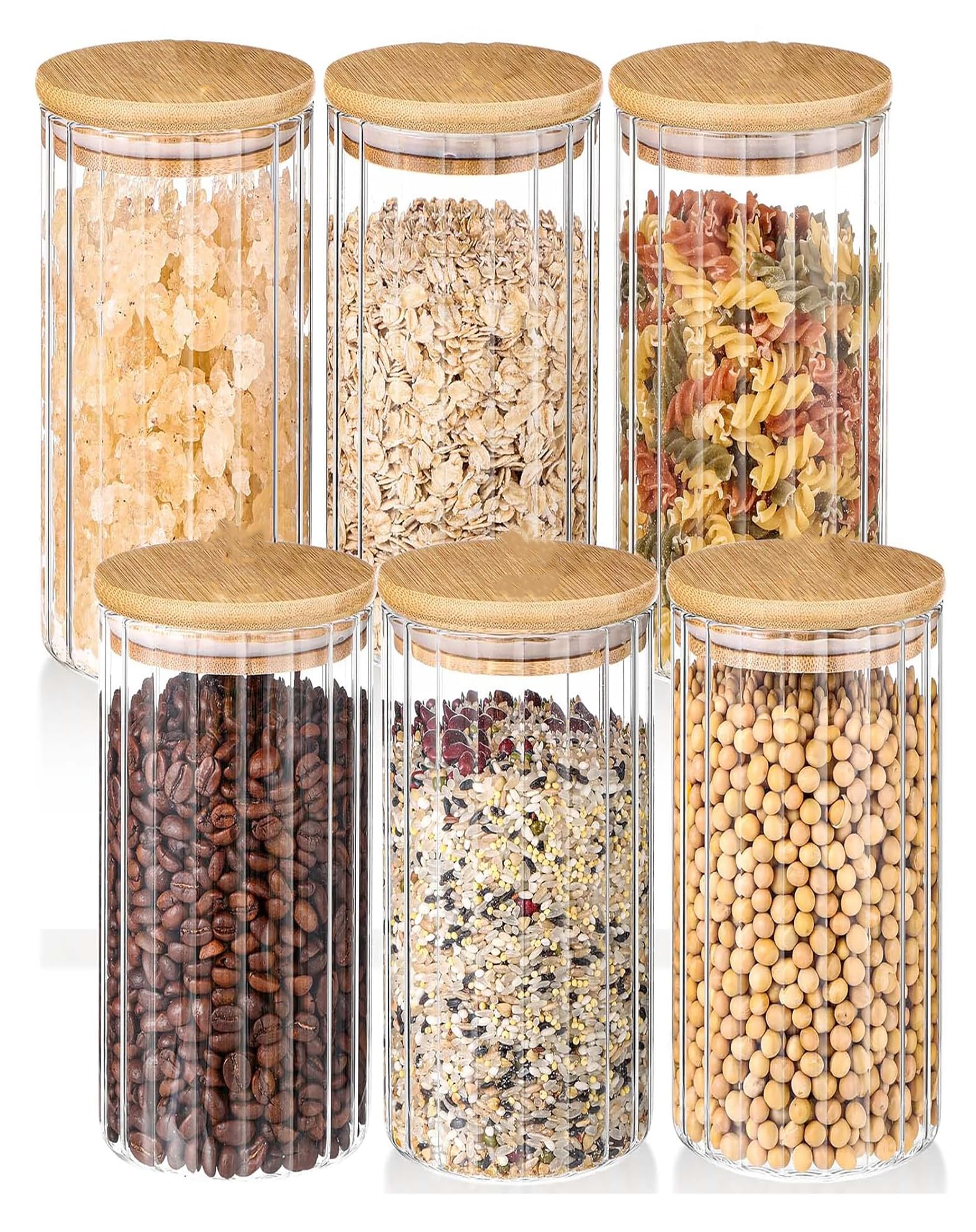 WRINGO Borosilicate Glass Food Storage Containers With Airtight Bamboo Lid, Thickened Coffee Storage Jars For Home Kitchen, Pantry Tea, Spices, Snack (R Linig-1400Ml, Set Of 6),Transparent
